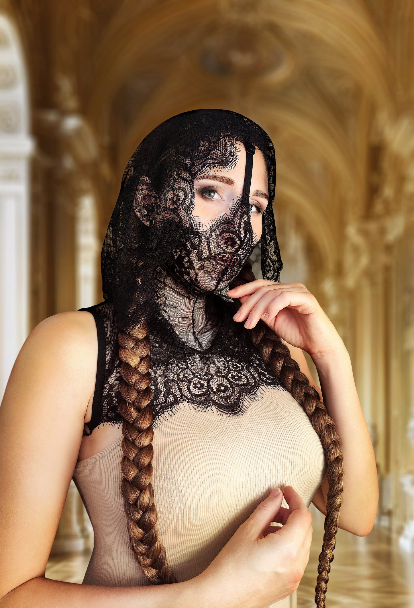 Woman lace hood mask for pole dance and twerk.Rave hood mask for party, festival cosplay.Gothic harness hood mask for women.Hood mask for carnival.