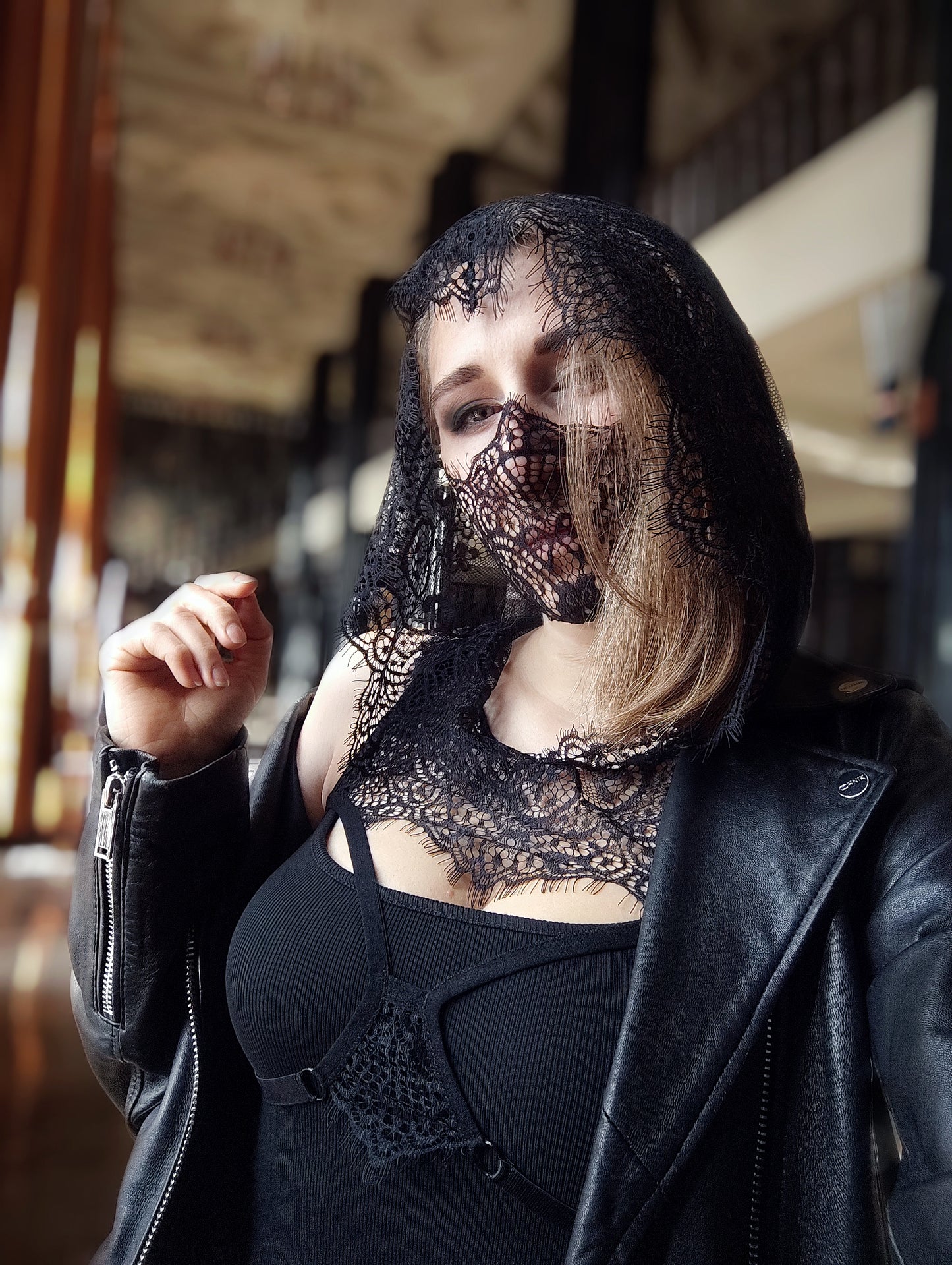 Hood mask.Woman lace hood mask for pole dance and twerk.Rave hood mask for party,festival and cosplay.Gothic harness hood mask for women.