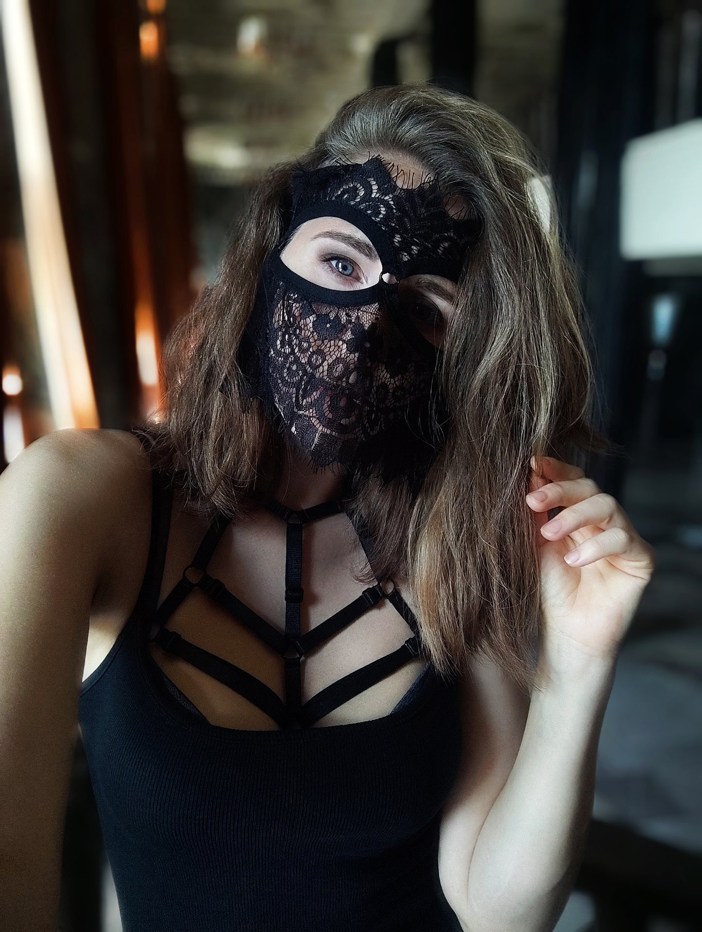 Woman lace mask for pole dance.Rave mask for party, festival and cosplay.Gothic harness mask for women.Guipure mask for carnival.
