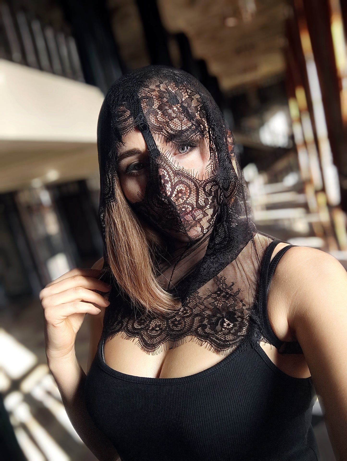 Woman lace hood mask for pole dance and twerk.Rave hood mask for party, festival cosplay.Gothic harness hood mask for women.Hood mask for carnival.
