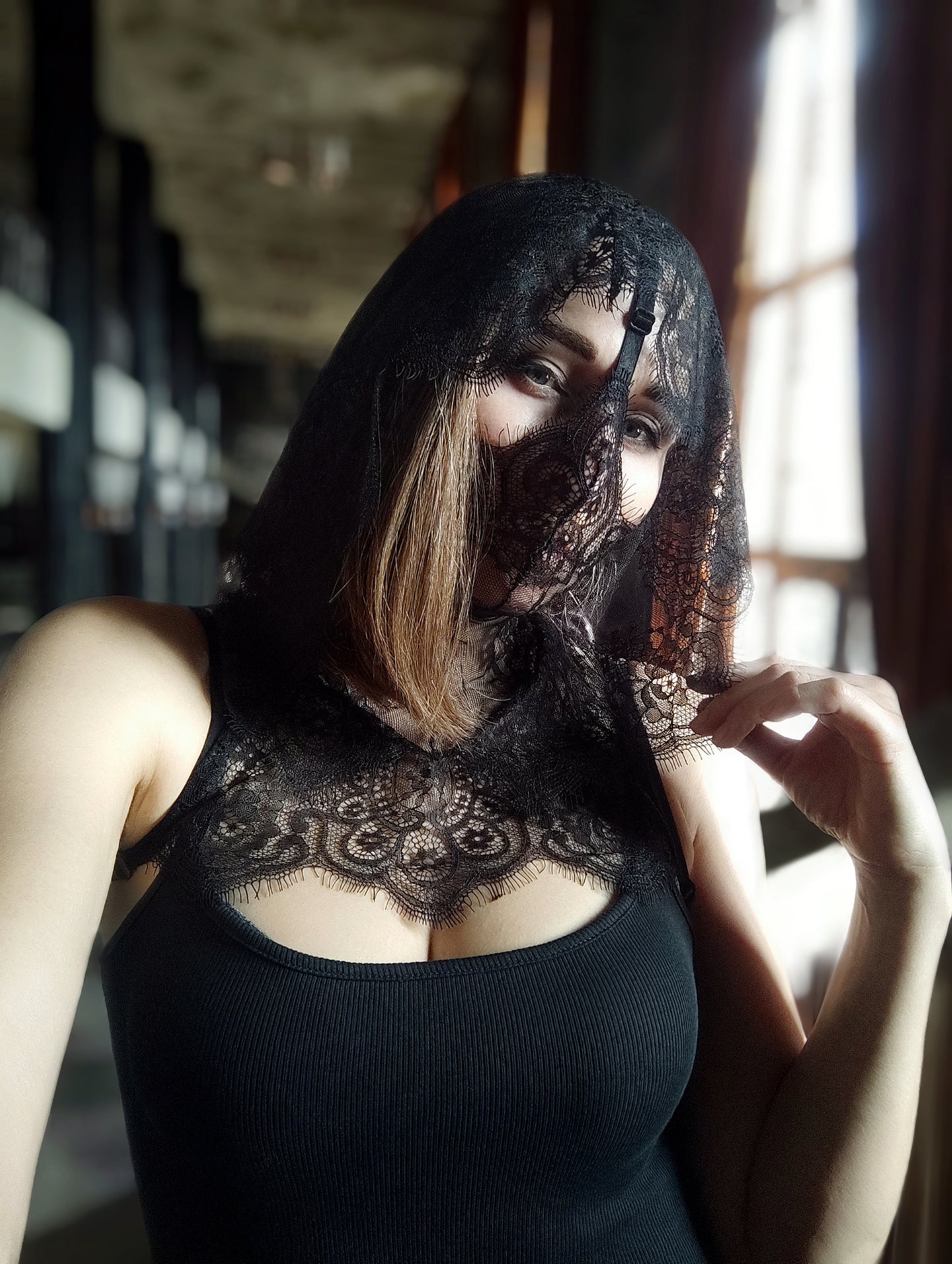 Woman lace hood mask for pole dance and twerk.Rave hood mask for party, festival cosplay.Gothic harness hood mask for women.Hood mask for carnival.