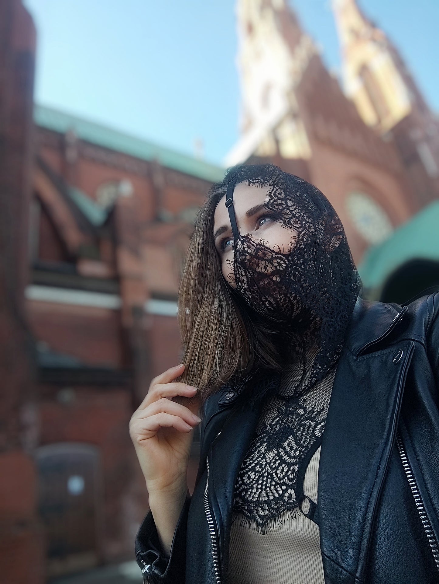 Woman lace hood mask for pole dance and twerk.Rave hood mask for party, festival and cosplay.Gothic harness hood mask.Guipure mask for carnival.