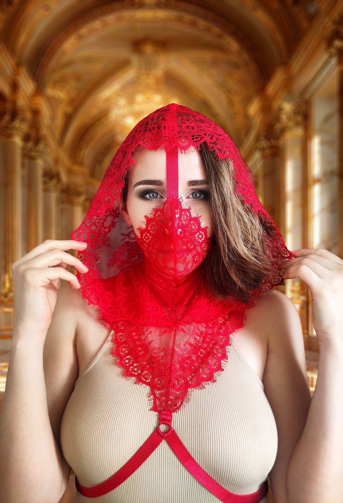 Woman lace hood mask for pole dance.Rave hood mask for party, festival and cosplay.Gothic harness hood mask for women.Guipure hood mask for carnival.