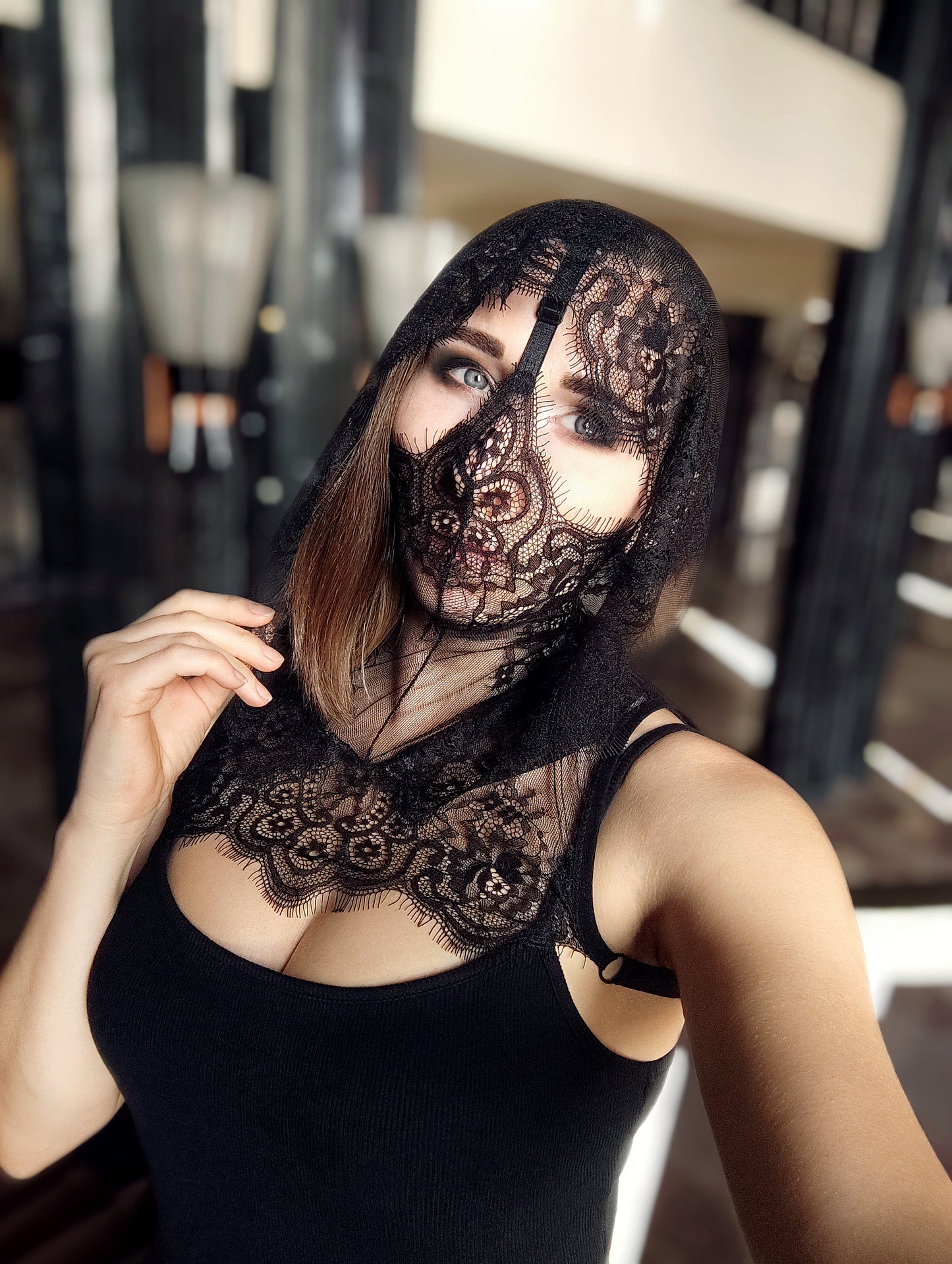 Woman lace hood mask for pole dance and twerk.Rave hood mask for party, festival cosplay.Gothic harness hood mask for women.Hood mask for carnival.
