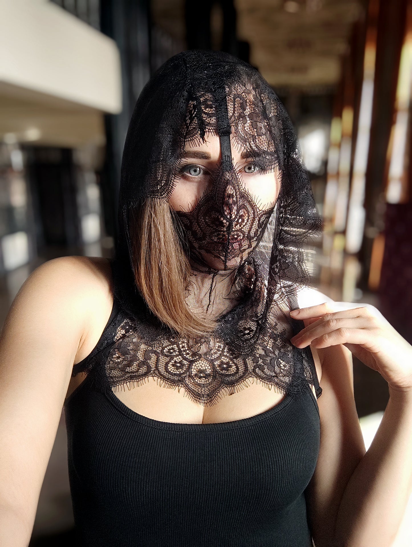 Woman lace hood mask for pole dance and twerk.Rave hood mask for party, festival cosplay.Gothic harness hood mask for women.Hood mask for carnival.
