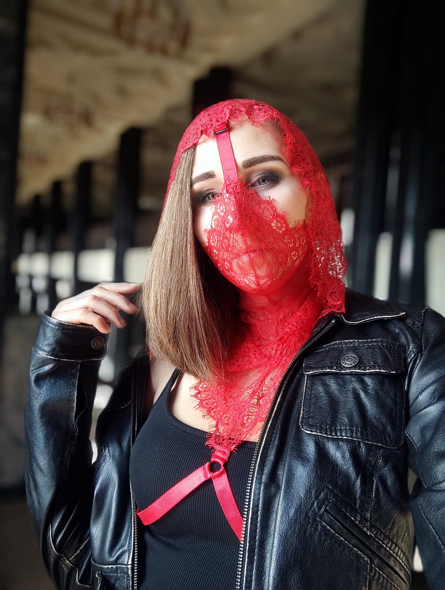 Woman lace hood mask for pole dance.Rave hood mask for party, festival and cosplay.Gothic harness hood mask for women.Guipure hood mask for carnival.