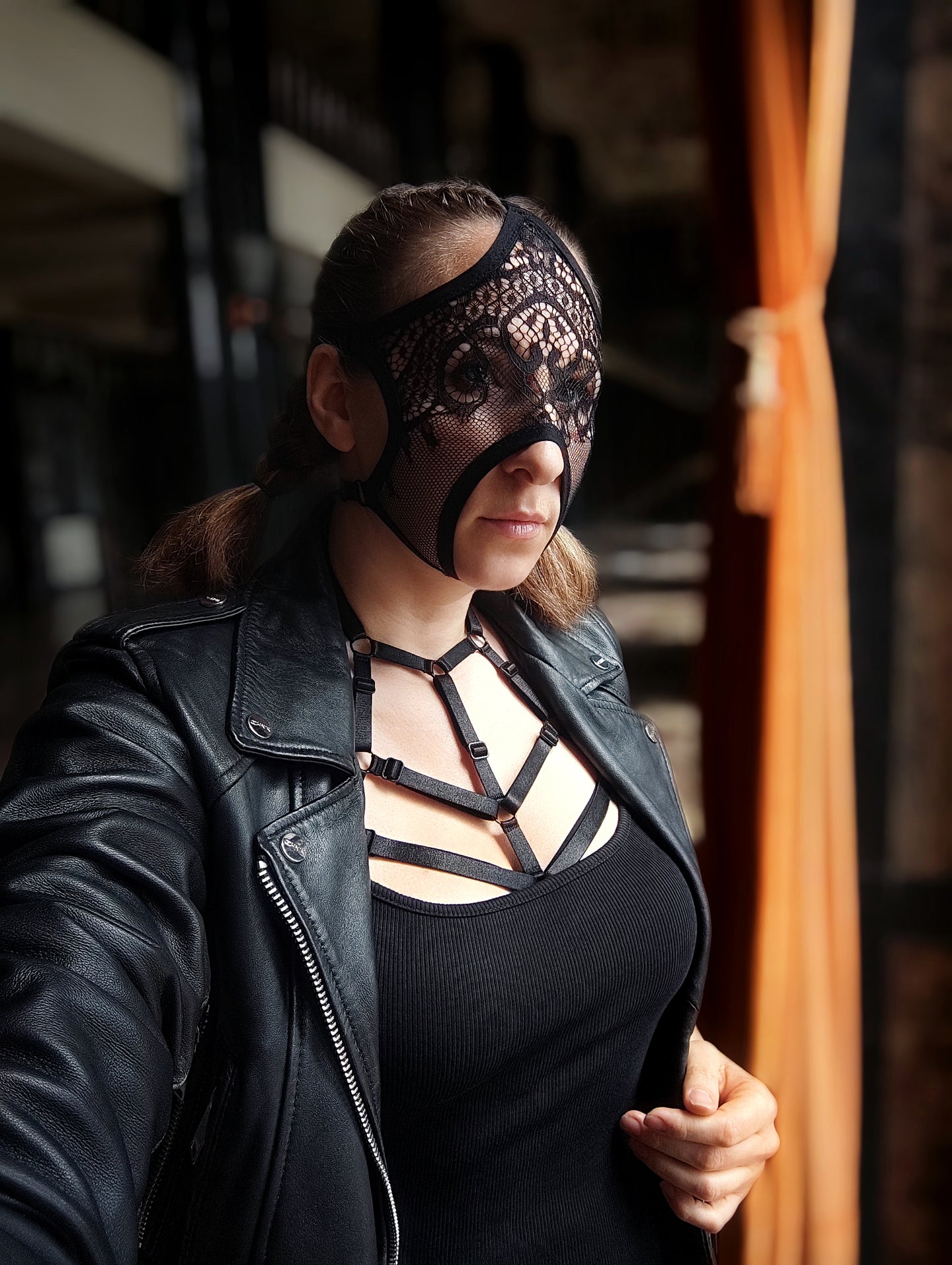 Woman lace mask for pole dance.Rave mask for party, festival and cosplay.Gothic harness mask for women.Guipure mask for carnival.