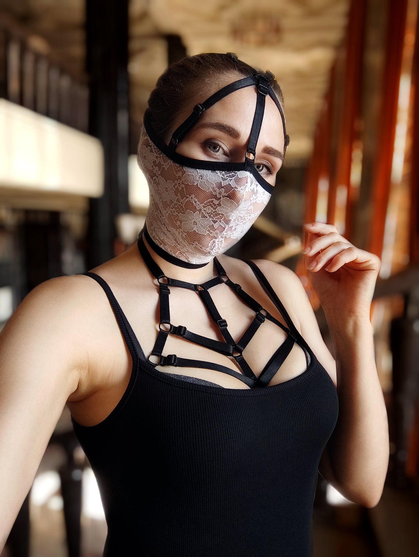 Woman lace mask for pole dance and twerk.Rave mask for party, festival and cosplay.Gothic harness mask for women.Guipure mask for carnival.