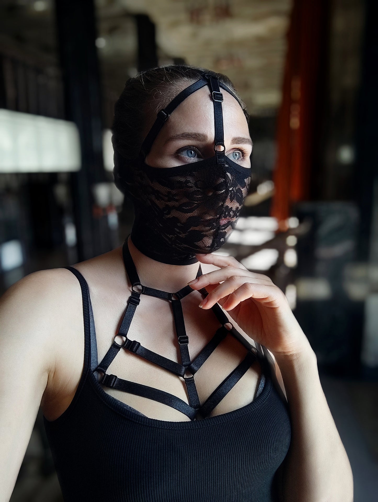 Woman lace mask for pole dance and twerk.Rave mask for party, festival and cosplay.Gothic harness mask for women.Guipure mask for carnival.