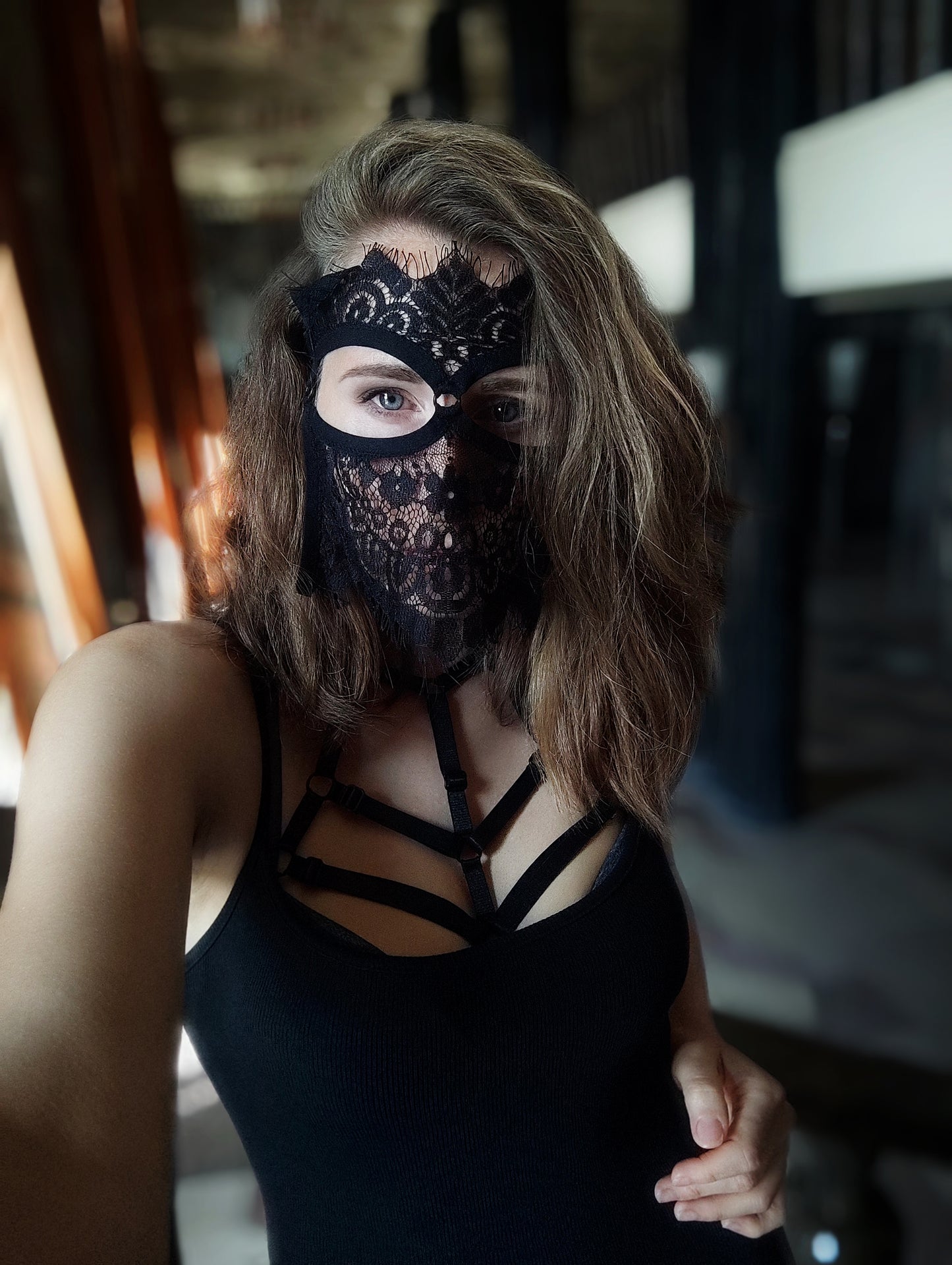 Woman lace mask for pole dance.Rave mask for party, festival and cosplay.Gothic harness mask for women.Guipure mask for carnival.