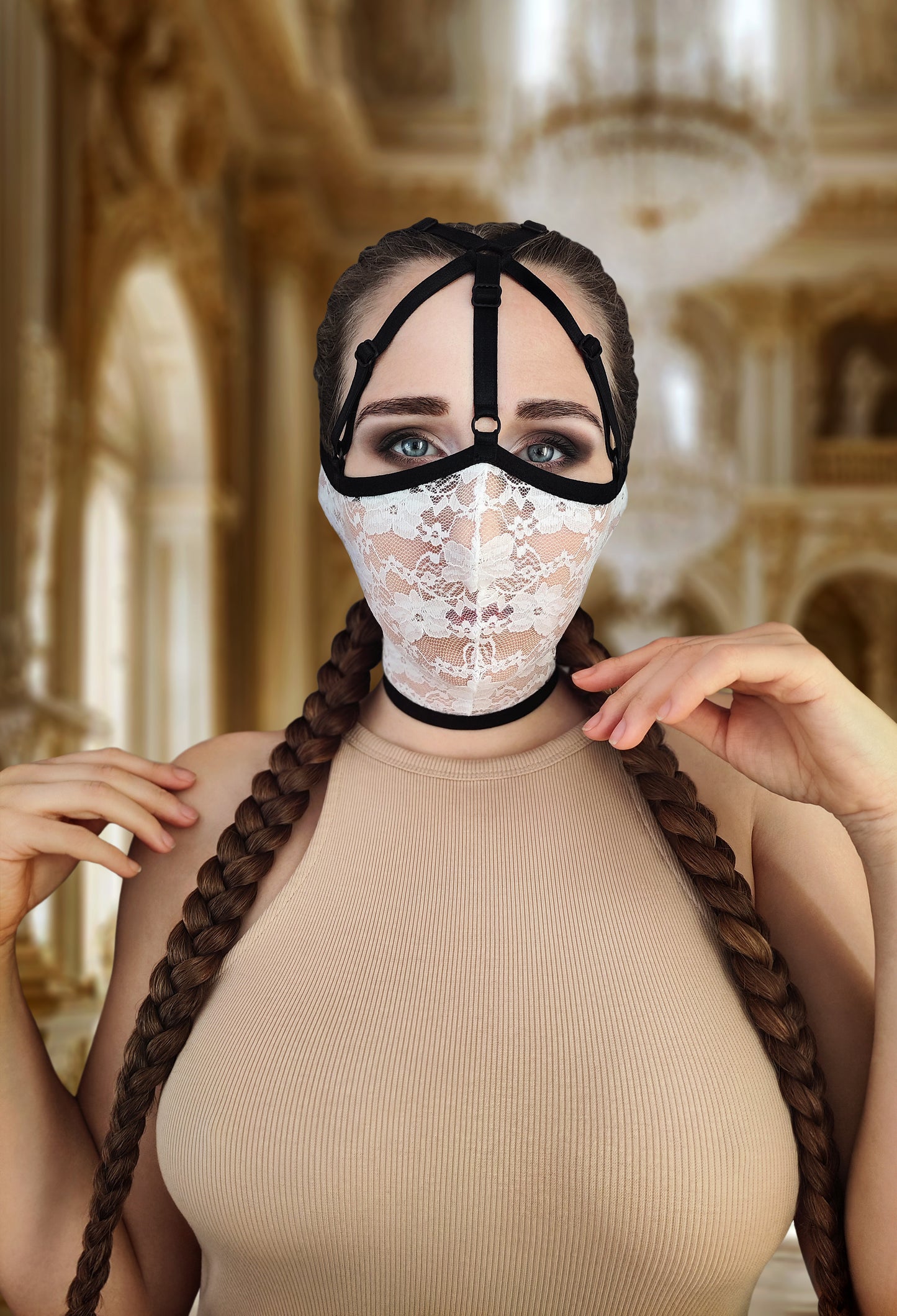 Woman lace mask for pole dance and twerk.Rave mask for party, festival and cosplay.Gothic harness mask for women.Guipure mask for carnival.
