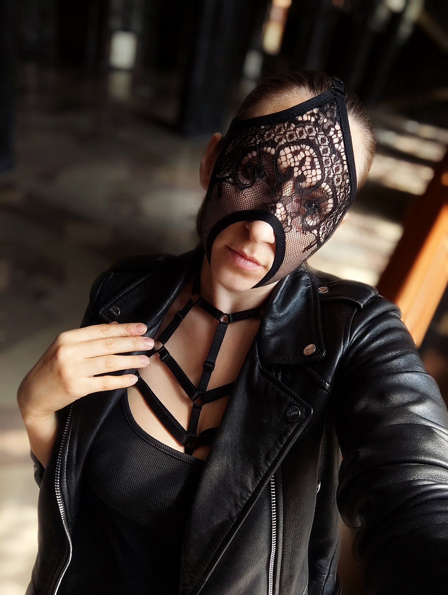 Woman lace mask for pole dance.Rave mask for party, festival and cosplay.Gothic harness mask for women.Guipure mask for carnival.