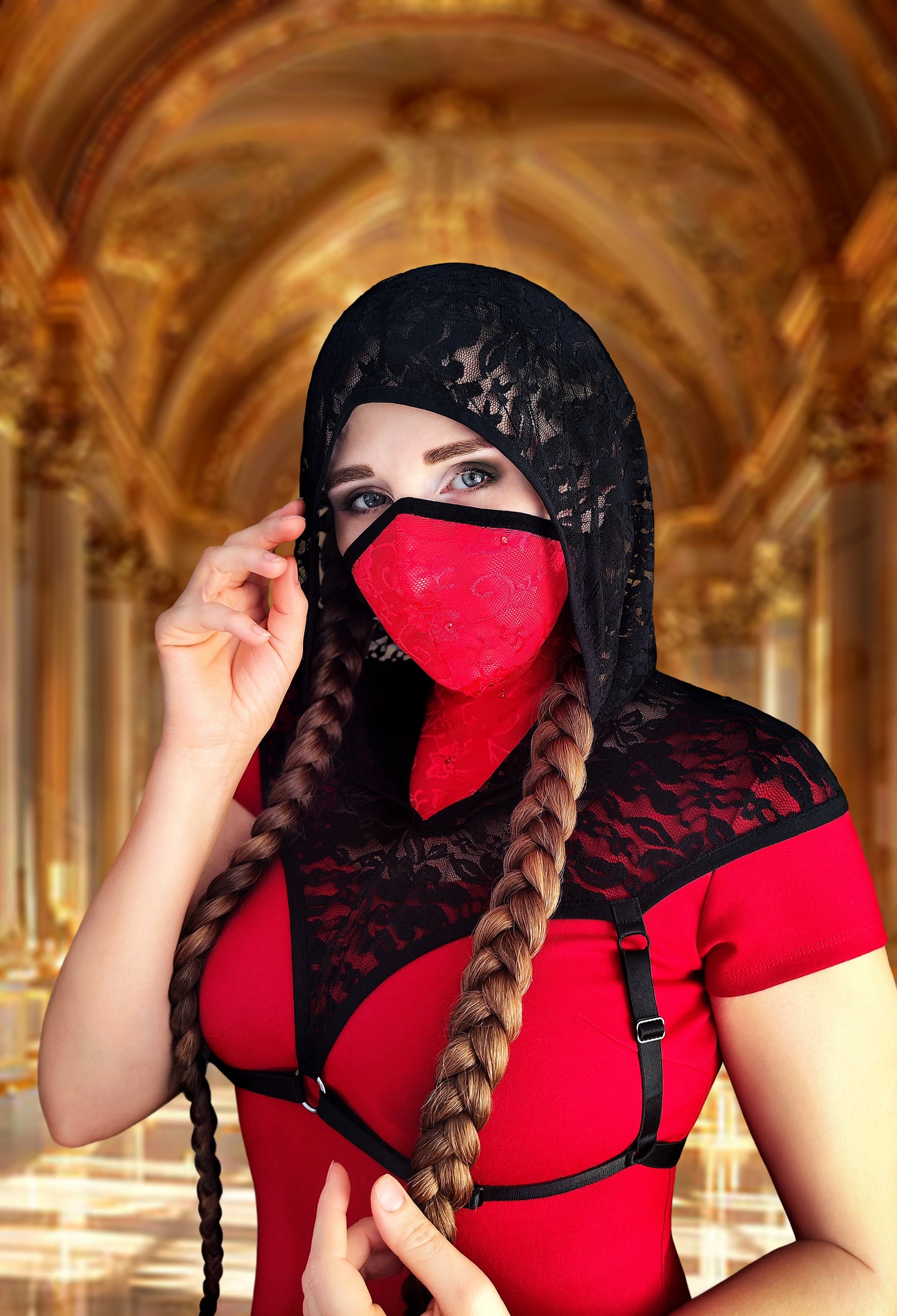 Woman lace hood mask for pole dance and twerk.Rave hood mask for party, festival cosplay.Gothic harness hood mask.Guipure hood mask for carnival.