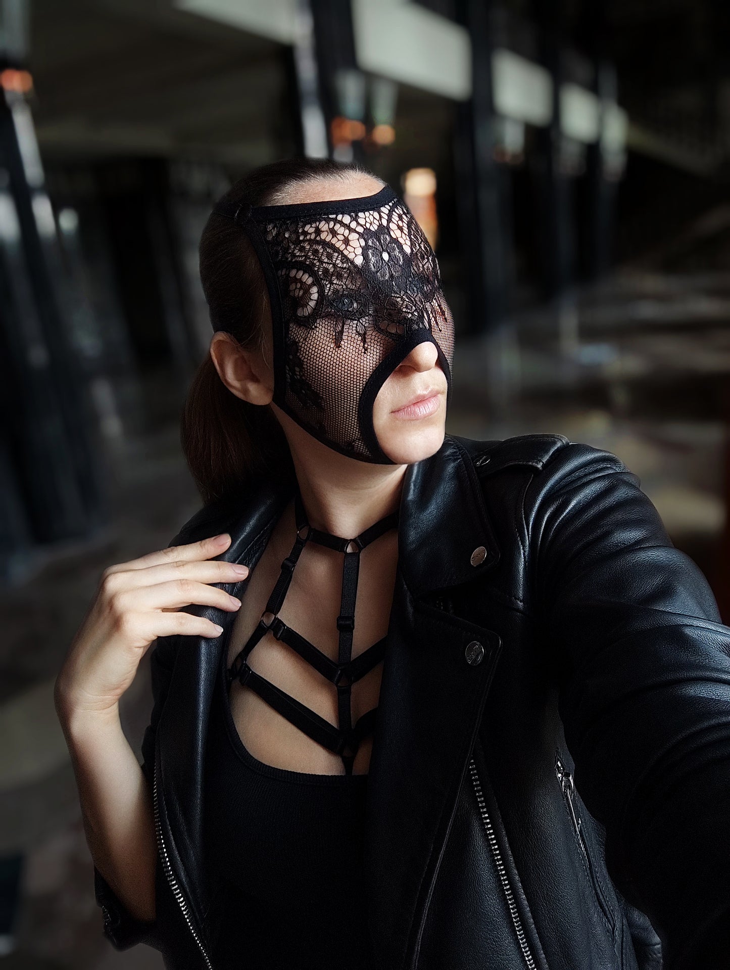 Woman lace mask for pole dance.Rave mask for party, festival and cosplay.Gothic harness mask for women.Guipure mask for carnival.