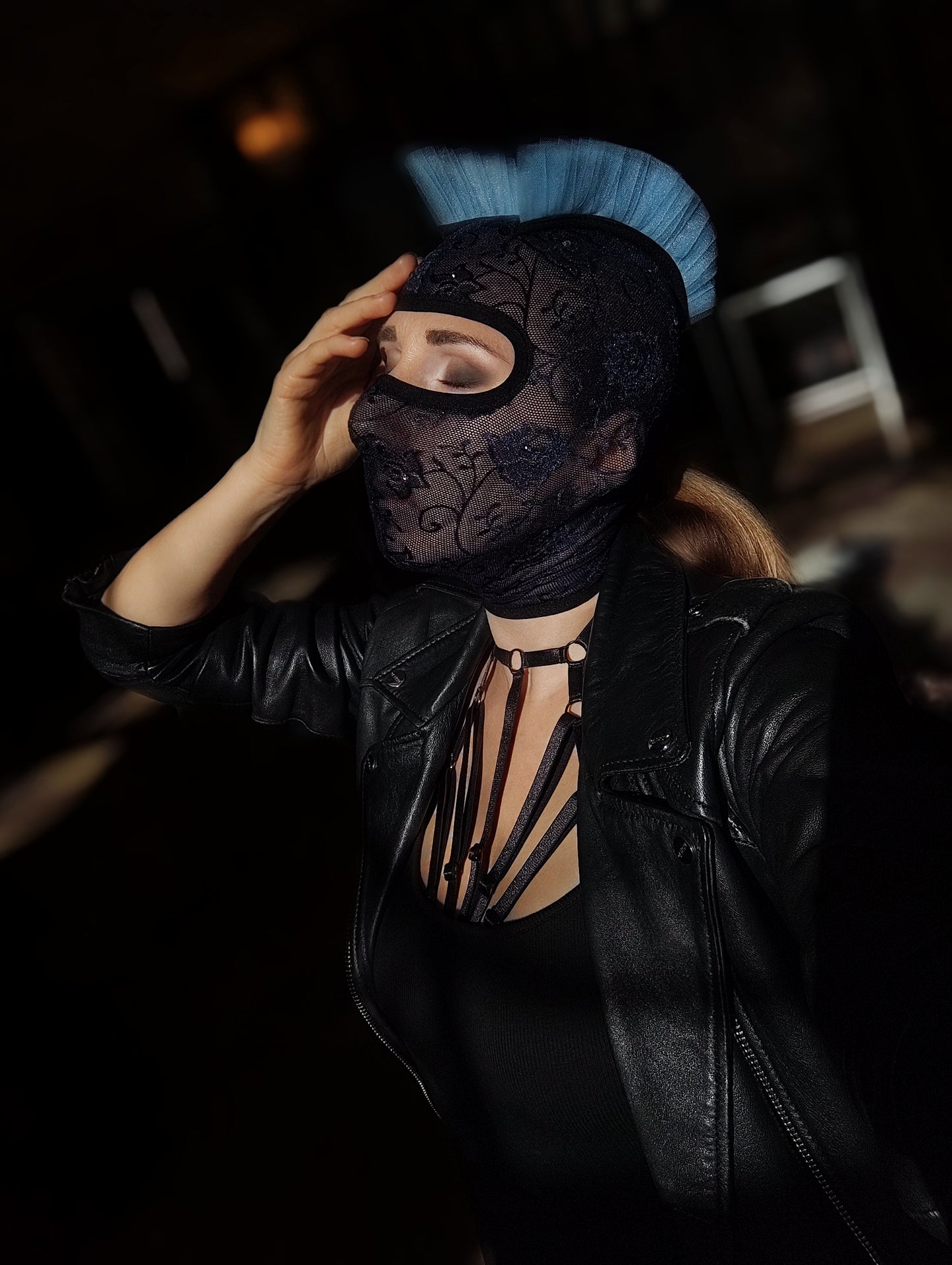 Woman lace mask for pole dance.Rave mask for party, festival and cosplay.Gothic harness mask for women.Guipure mask for carnival.Balaclava.