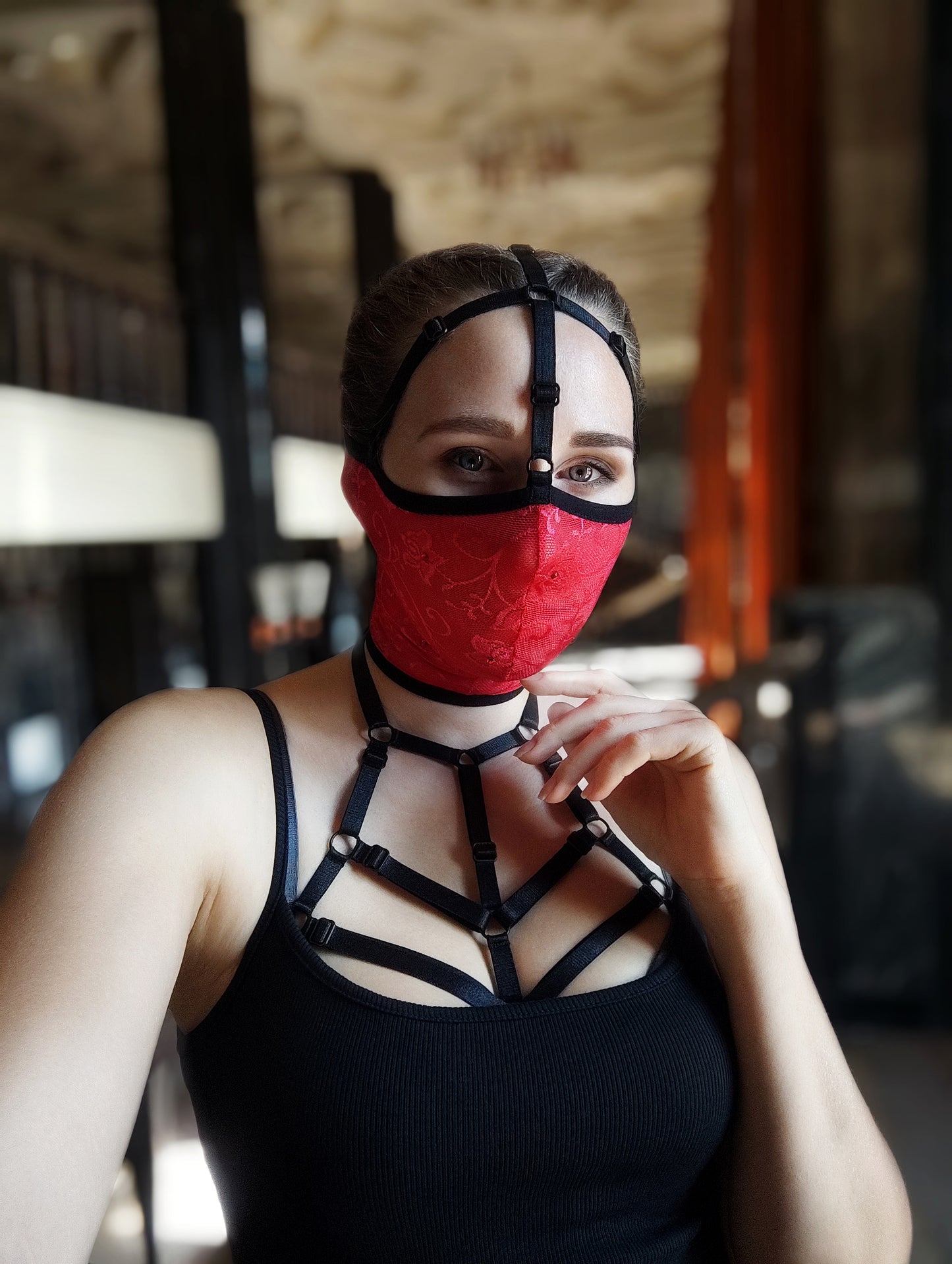 Woman lace mask for pole dance and twerk.Rave mask for party, festival and cosplay.Gothic harness mask for women.Guipure mask for carnival.