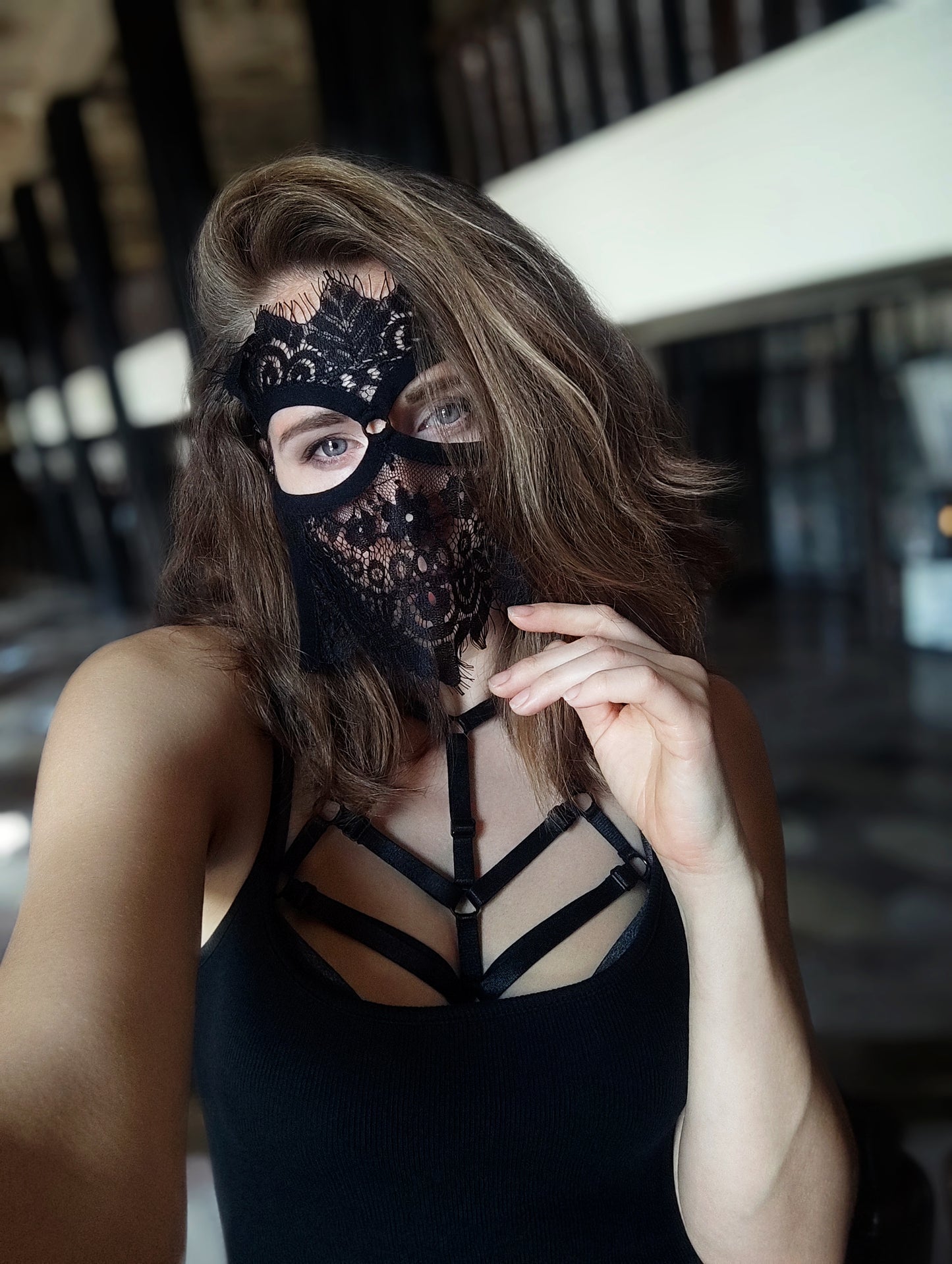 Woman lace mask for pole dance.Rave mask for party, festival and cosplay.Gothic harness mask for women.Guipure mask for carnival.