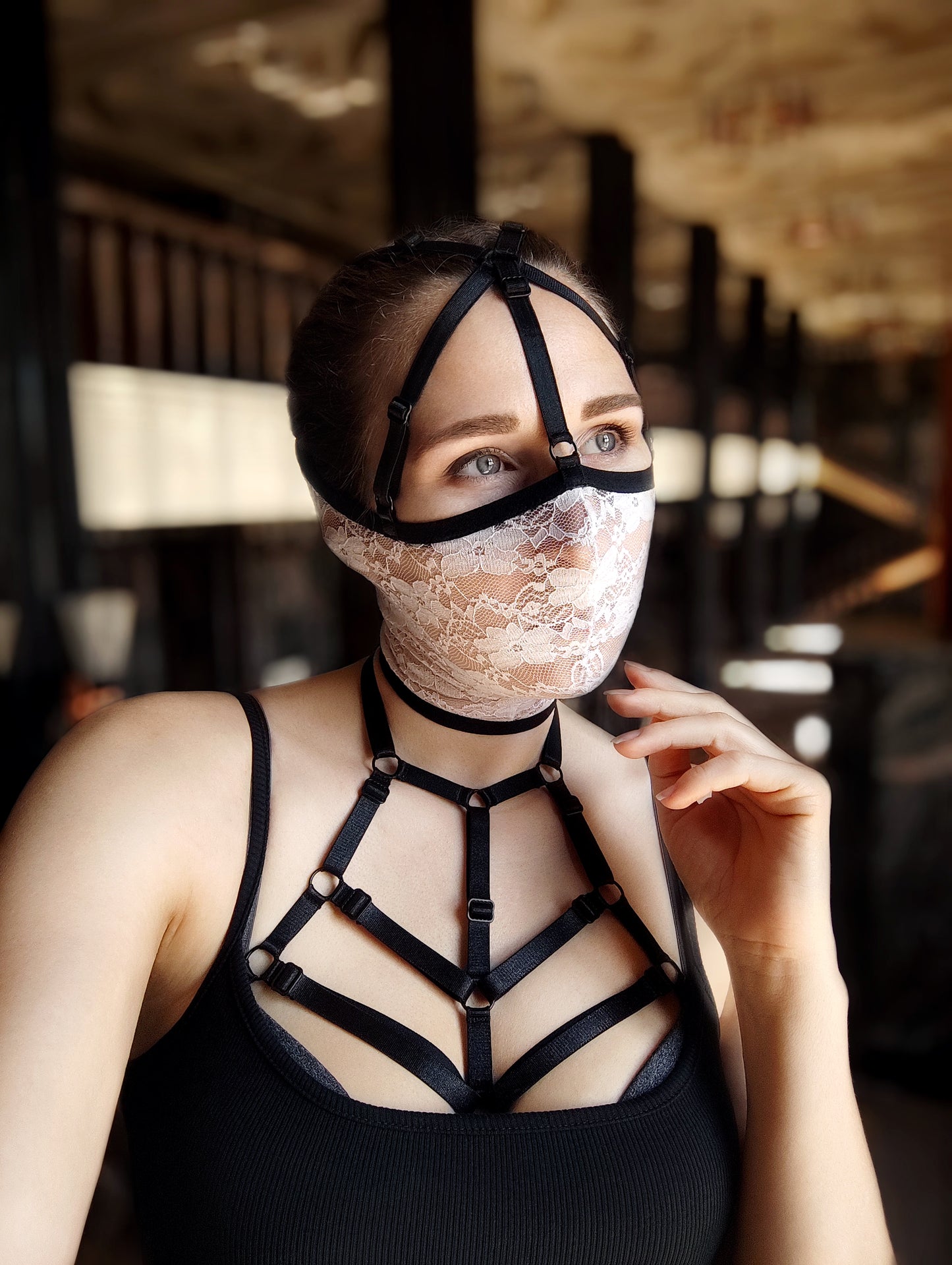 Woman lace mask for pole dance and twerk.Rave mask for party, festival and cosplay.Gothic harness mask for women.Guipure mask for carnival.