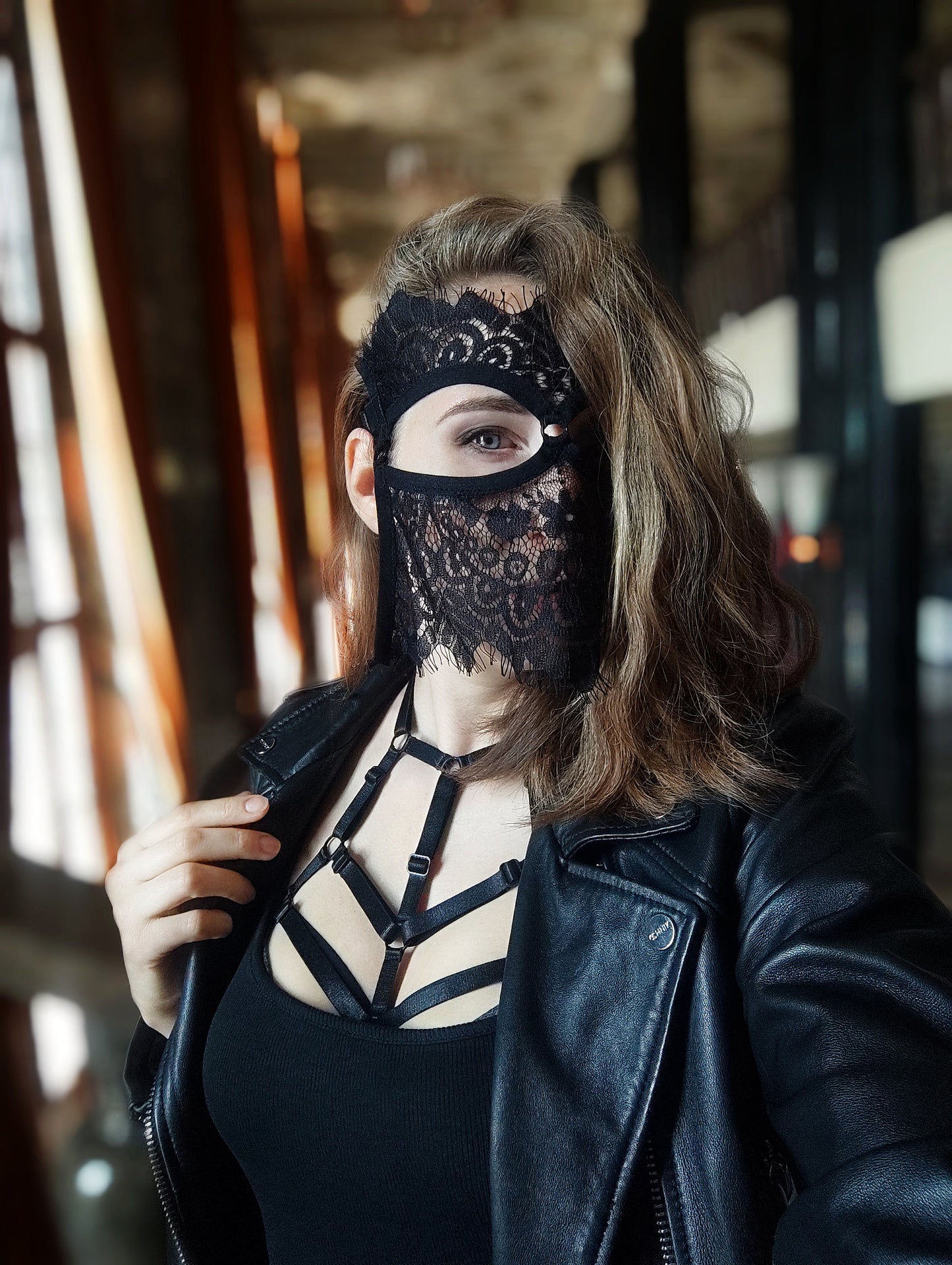 Woman lace mask for pole dance.Rave mask for party, festival and cosplay.Gothic harness mask for women.Guipure mask for carnival.