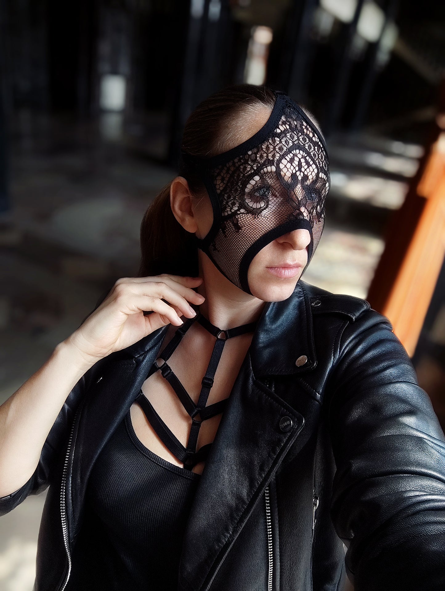 Woman lace mask for pole dance.Rave mask for party, festival and cosplay.Gothic harness mask for women.Guipure mask for carnival.