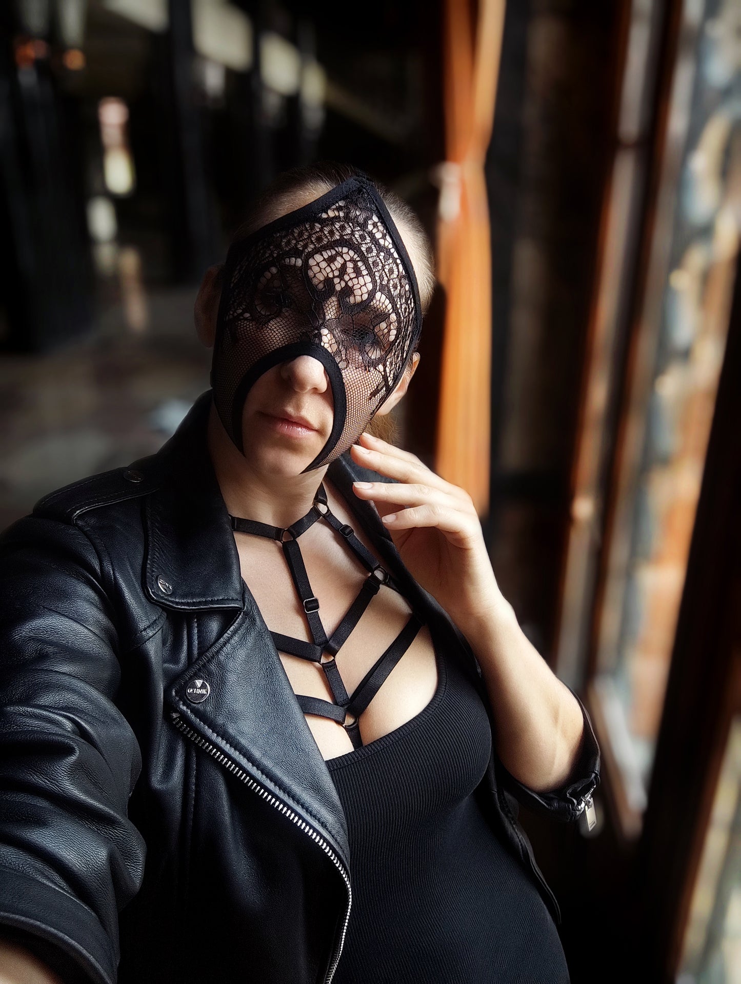Woman lace mask for pole dance.Rave mask for party, festival and cosplay.Gothic harness mask for women.Guipure mask for carnival.