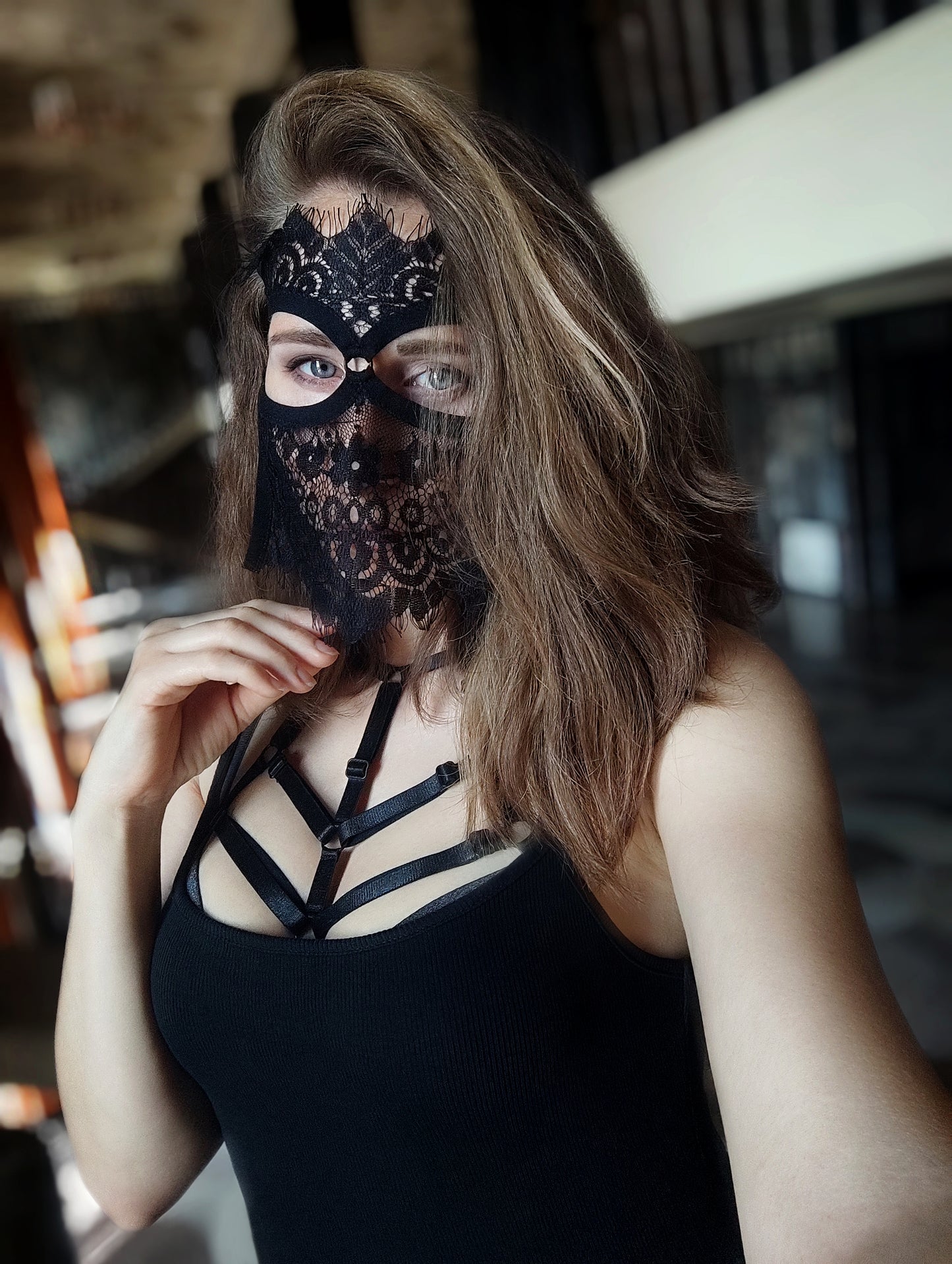 Woman lace mask for pole dance.Rave mask for party, festival and cosplay.Gothic harness mask for women.Guipure mask for carnival.