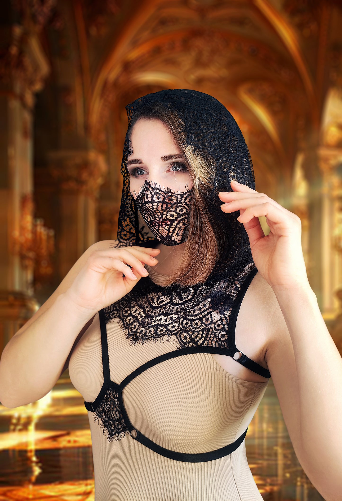 Hood mask.Woman lace hood mask for pole dance and twerk.Rave hood mask for party,festival and cosplay.Gothic harness hood mask for women.