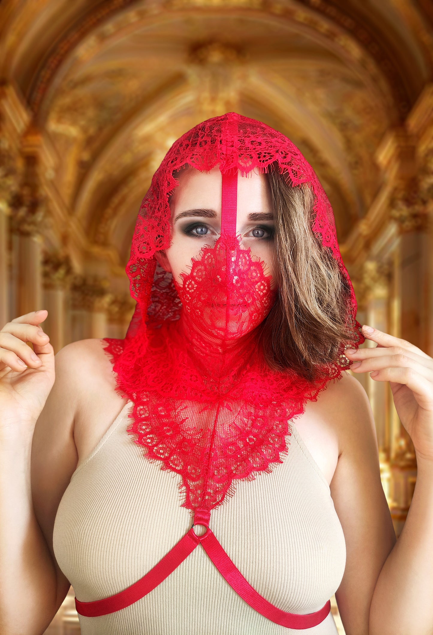 Woman lace hood mask for pole dance.Rave hood mask for party, festival and cosplay.Gothic harness hood mask for women.Guipure hood mask for carnival.