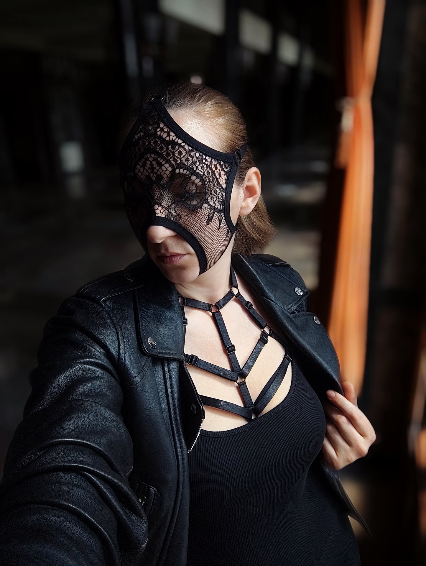 Woman lace mask for pole dance.Rave mask for party, festival and cosplay.Gothic harness mask for women.Guipure mask for carnival.