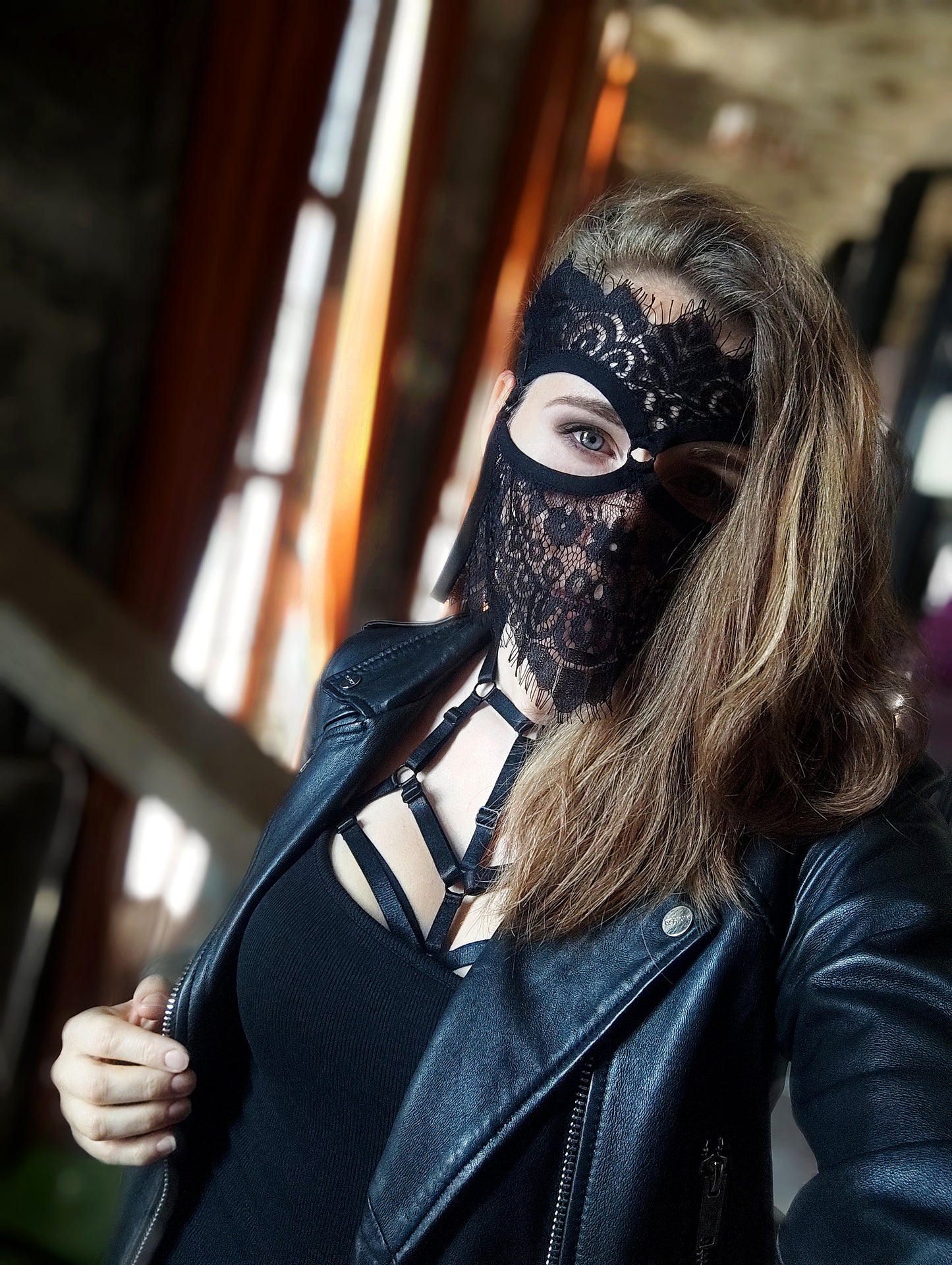 Woman lace mask for pole dance.Rave mask for party, festival and cosplay.Gothic harness mask for women.Guipure mask for carnival.