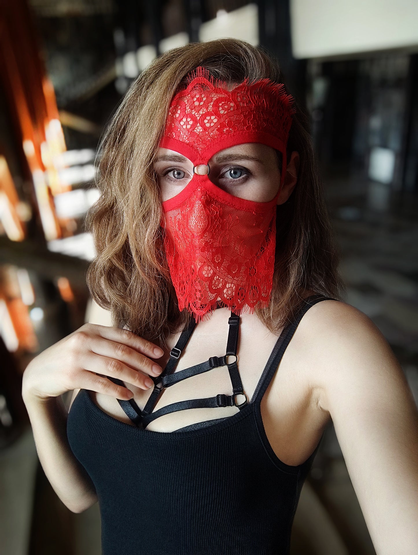 Woman lace mask for pole dance.Rave mask for party, festival and cosplay.Gothic harness mask for women.Guipure mask for carnival.