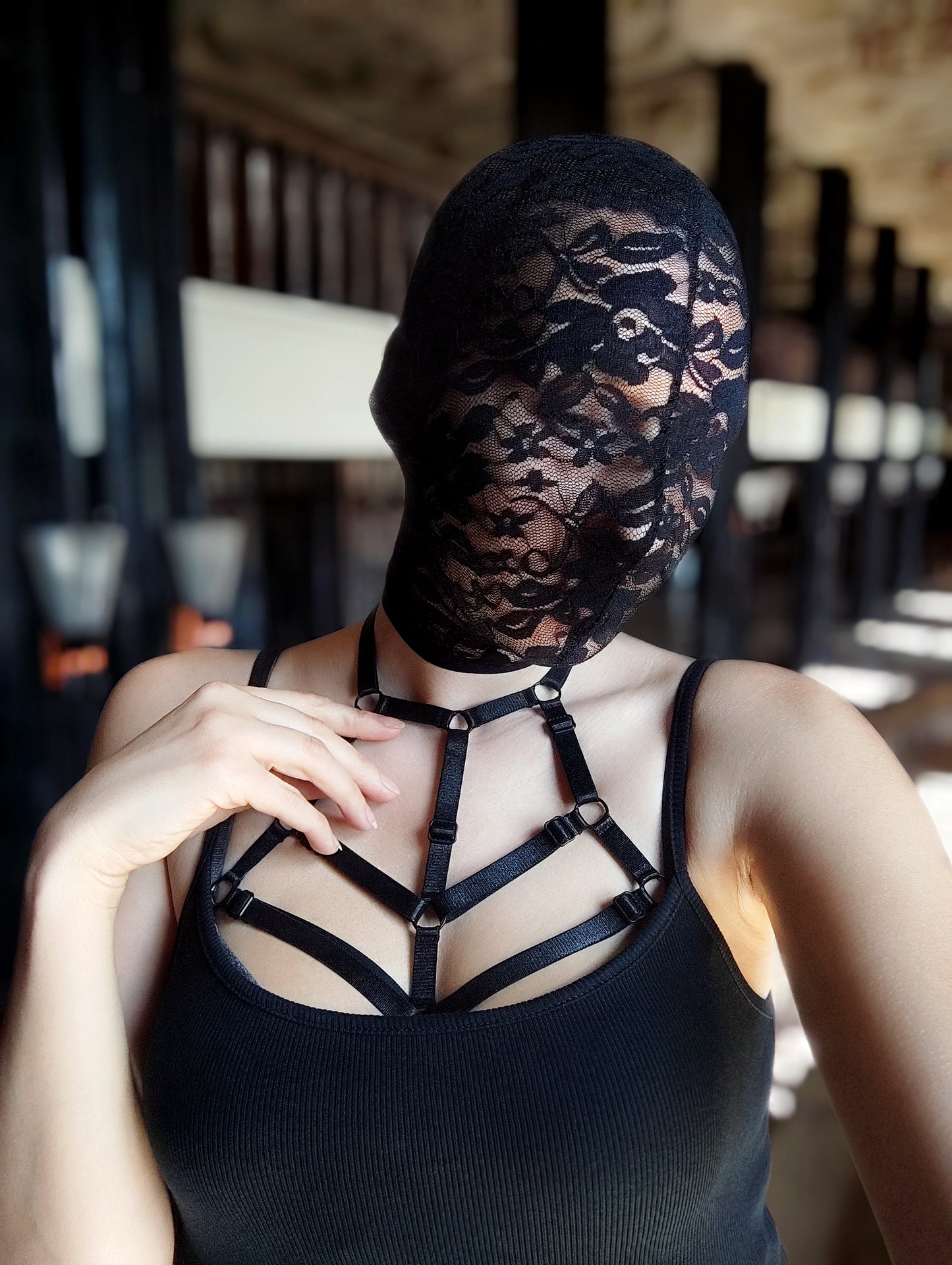 Woman lace mask for pole dance.Rave mask for party, festival and cosplay.Gothic harness mask for women.Guipure mask for carnival.Balaclava.