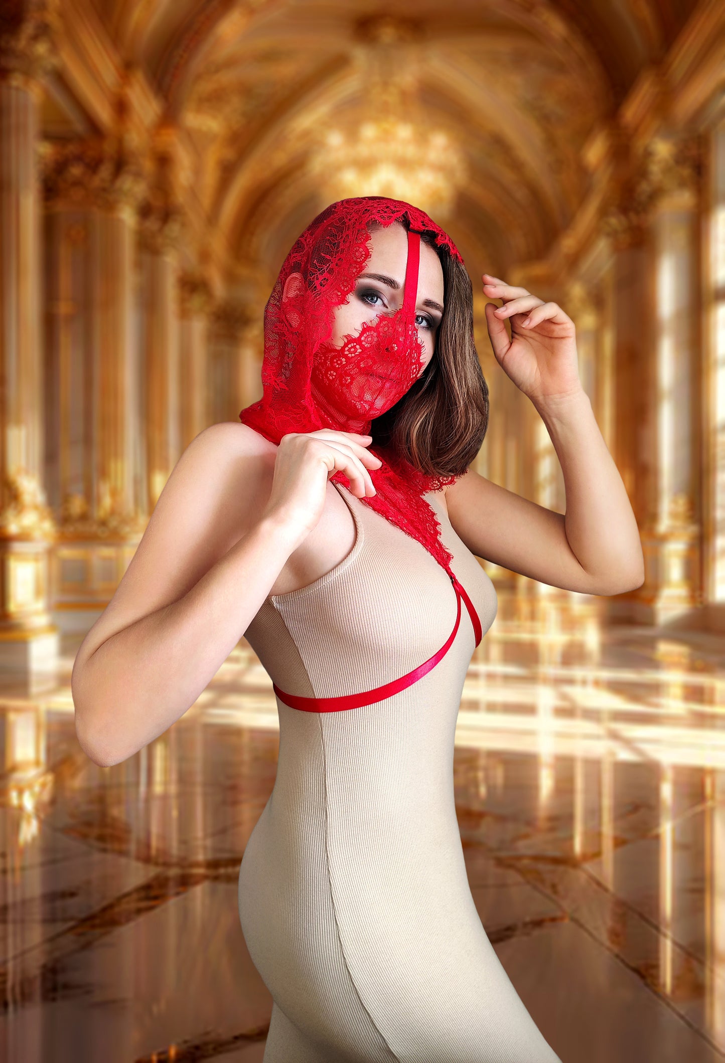 Woman lace hood mask for pole dance.Rave hood mask for party, festival and cosplay.Gothic harness hood mask for women.Guipure hood mask for carnival.