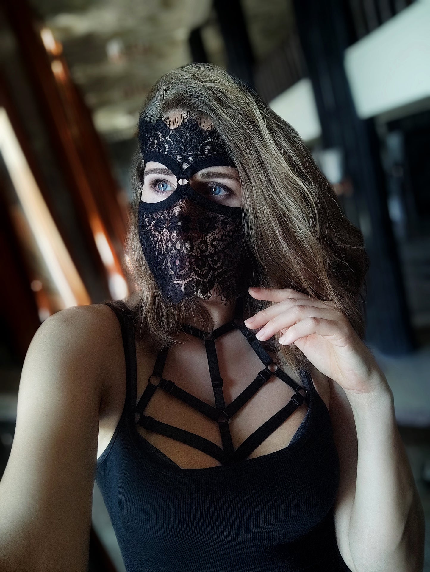 Woman lace mask for pole dance.Rave mask for party, festival and cosplay.Gothic harness mask for women.Guipure mask for carnival.