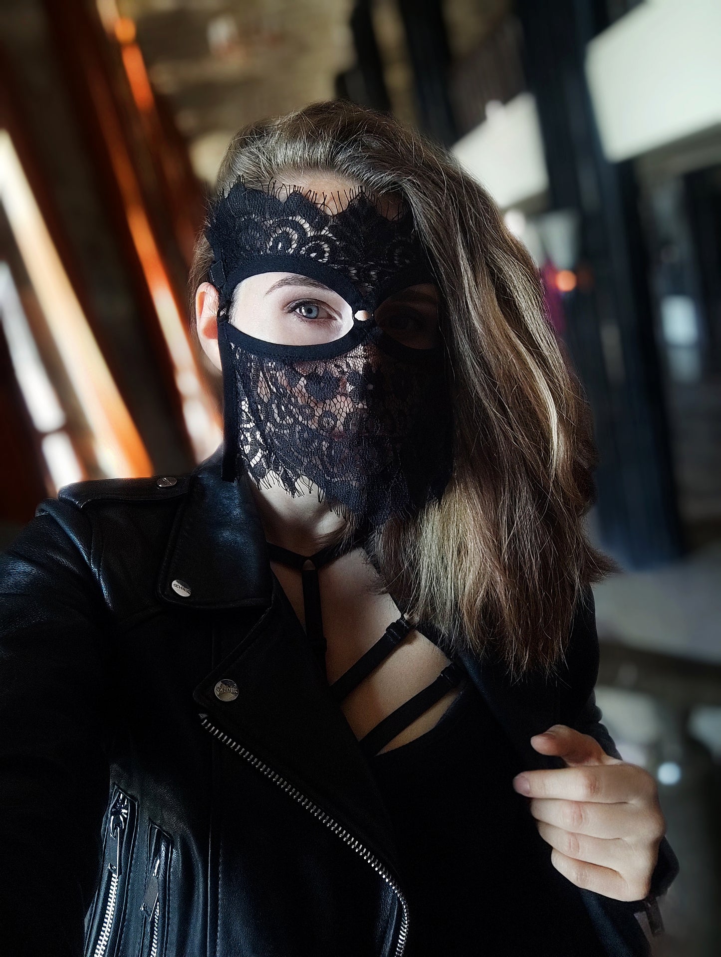 Woman lace mask for pole dance.Rave mask for party, festival and cosplay.Gothic harness mask for women.Guipure mask for carnival.