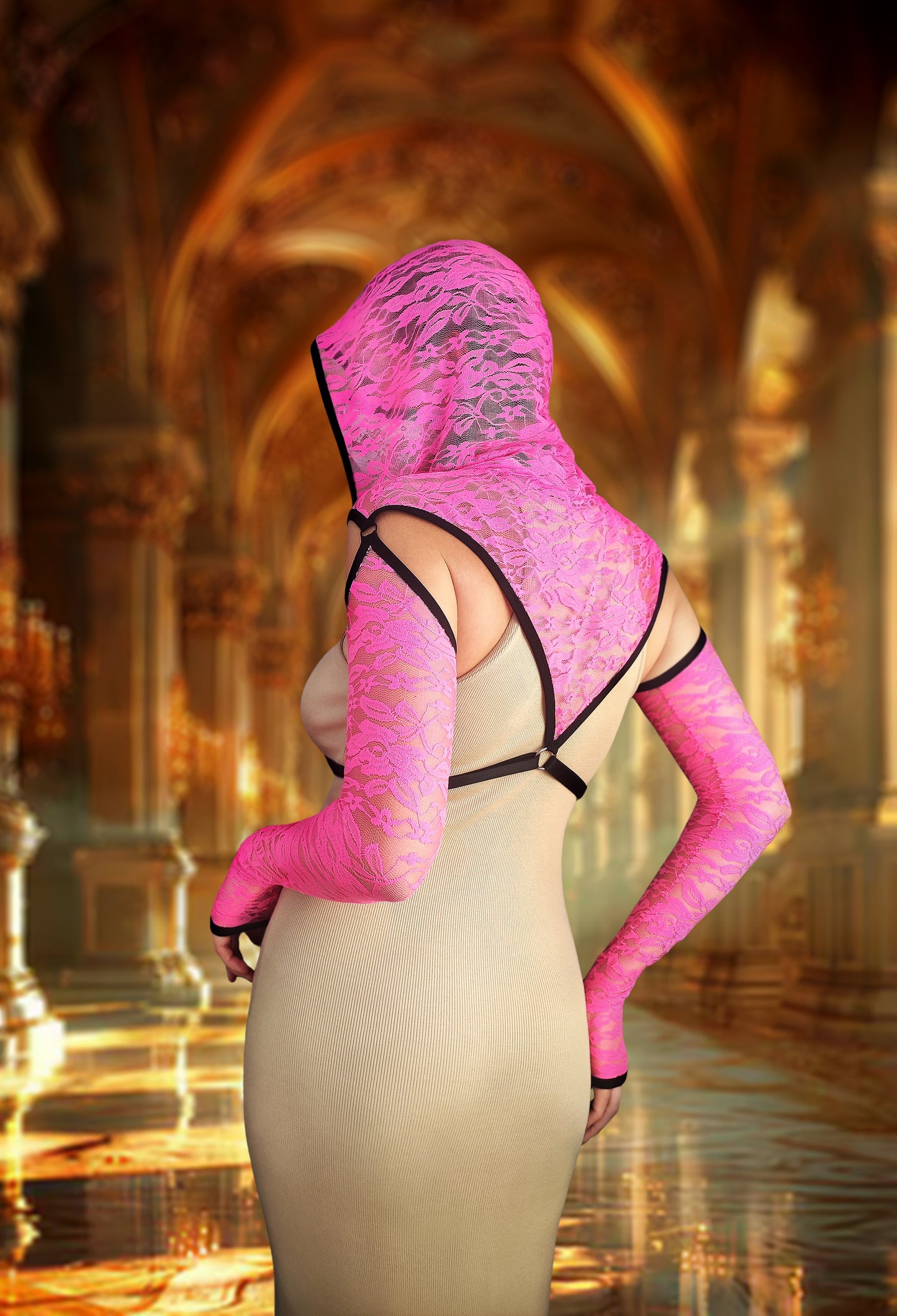Woman lace hood mask for pole dance and twerk.Rave hood mask for party, festival and cosplay.Gothic harness hood mask.Guipure mask for carnival.