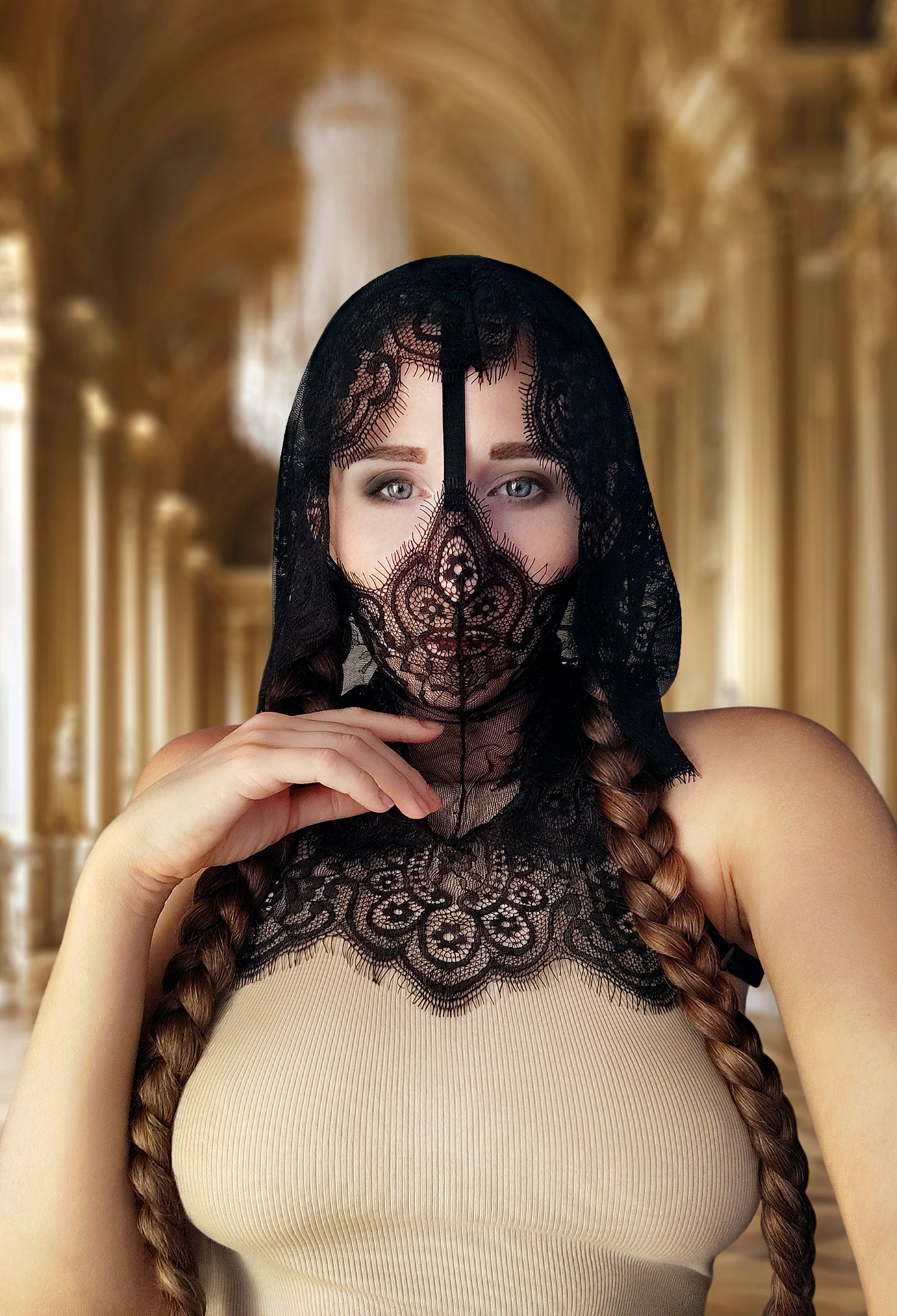 Woman lace hood mask for pole dance and twerk.Rave hood mask for party, festival cosplay.Gothic harness hood mask for women.Hood mask for carnival.