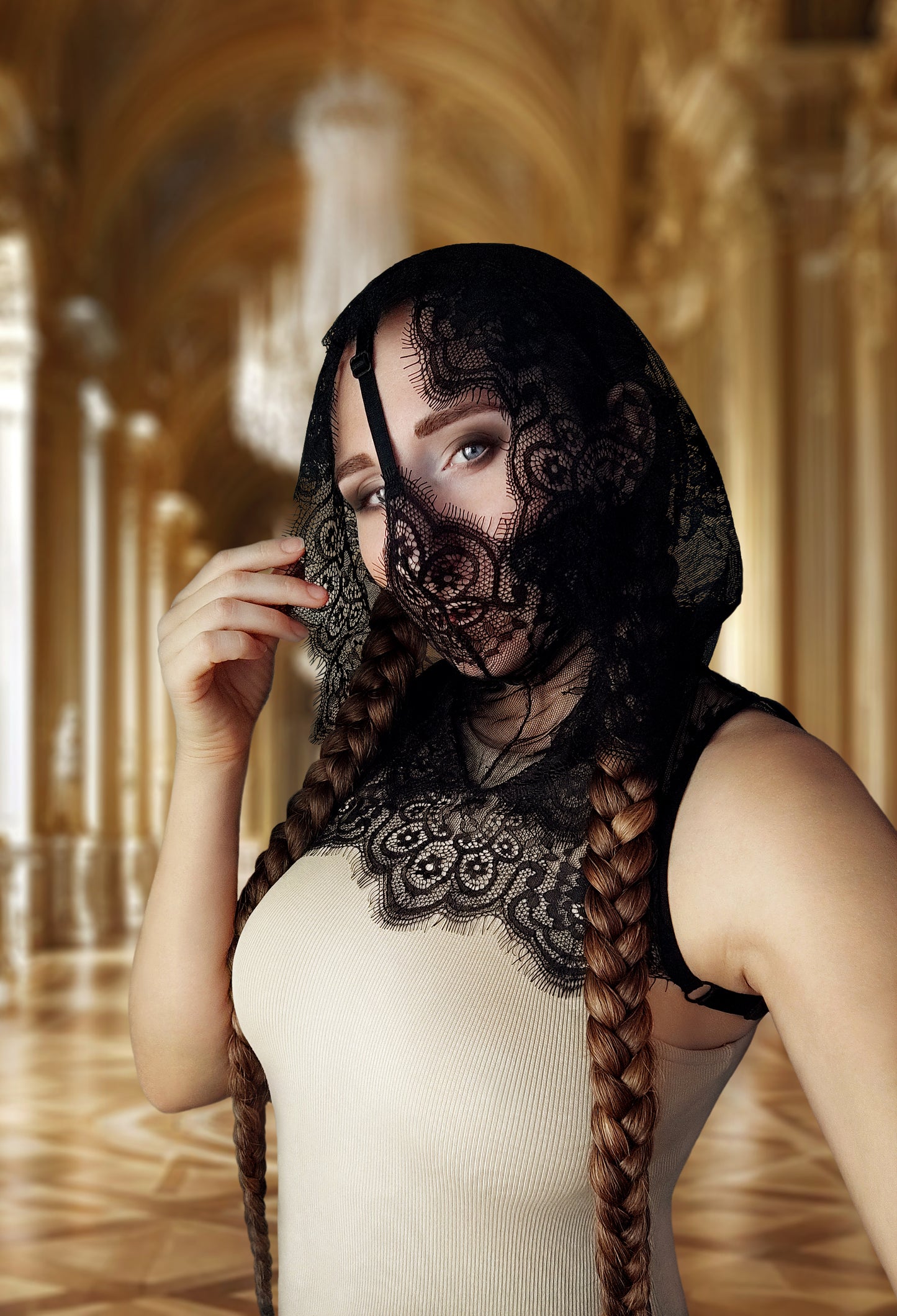 Woman lace hood mask for pole dance and twerk.Rave hood mask for party, festival cosplay.Gothic harness hood mask for women.Hood mask for carnival.