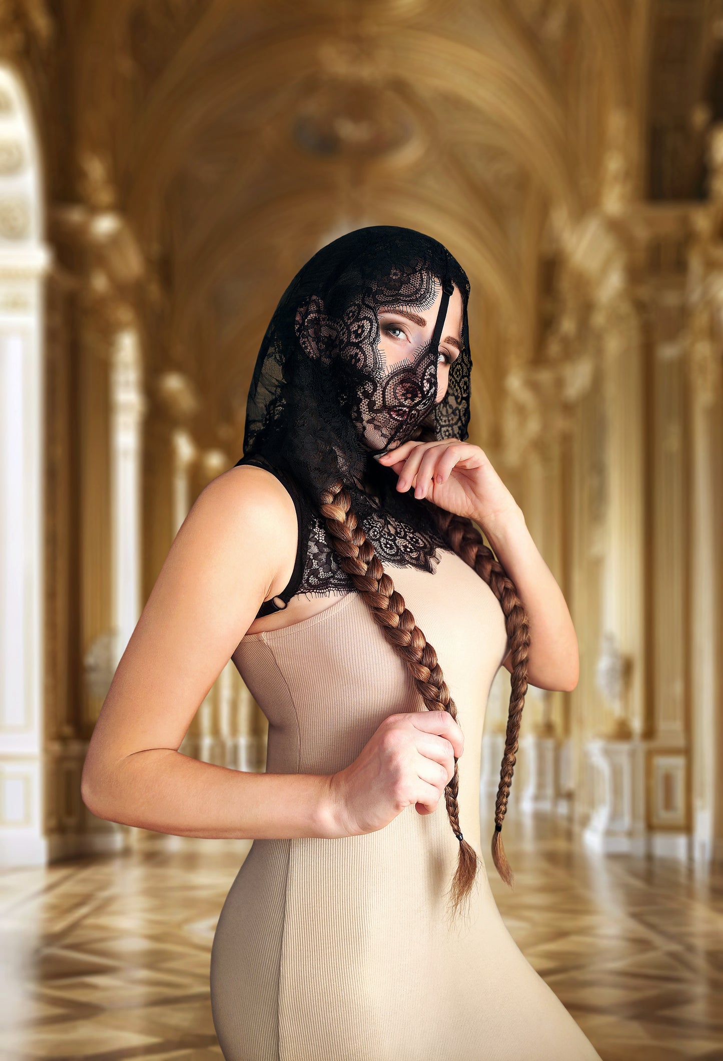 Woman lace hood mask for pole dance and twerk.Rave hood mask for party, festival cosplay.Gothic harness hood mask for women.Hood mask for carnival.