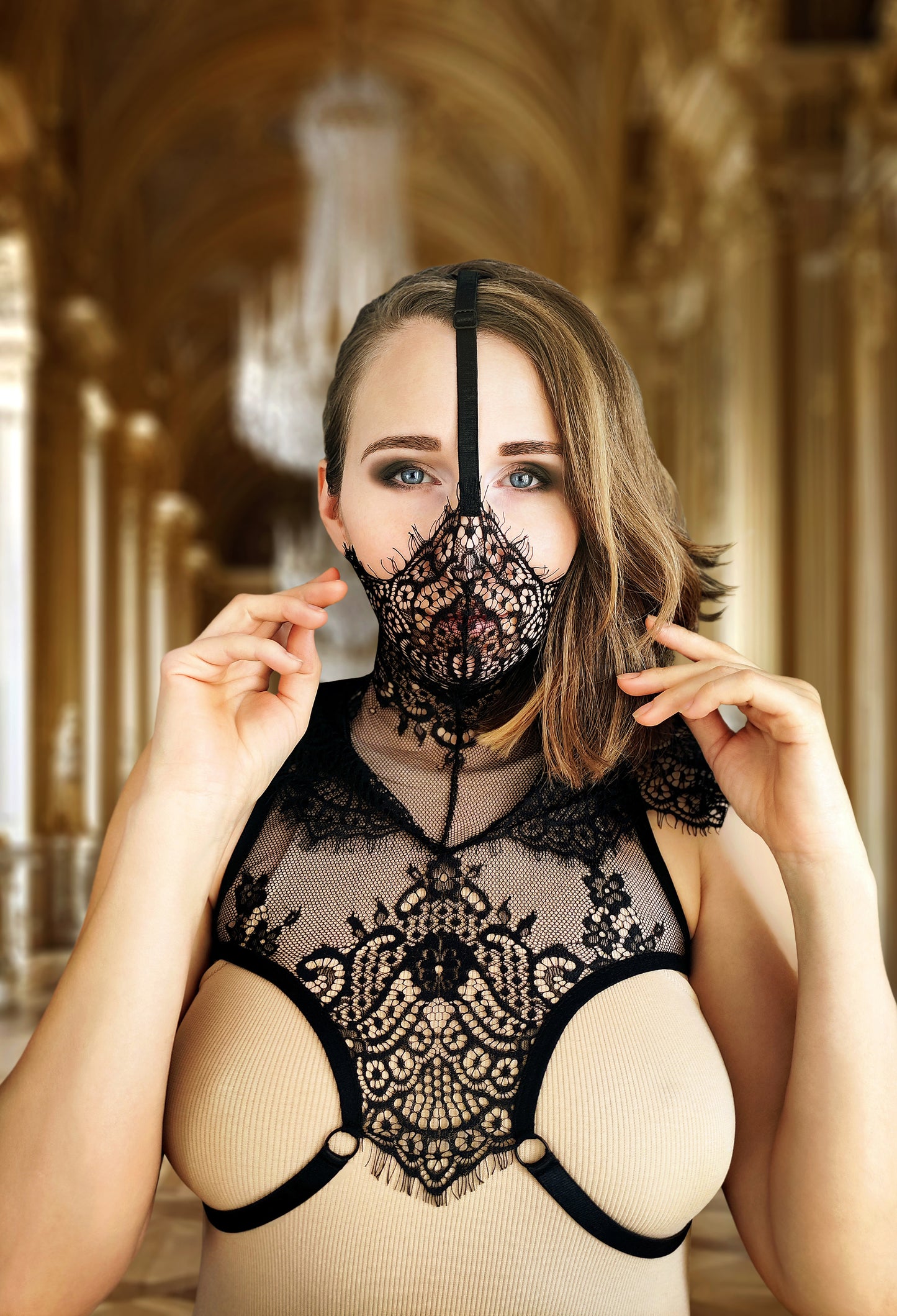 Woman lace hood mask for pole dance and twerk.Rave hood mask for party, festival and cosplay.Gothic harness hood mask.Guipure mask for carnival.