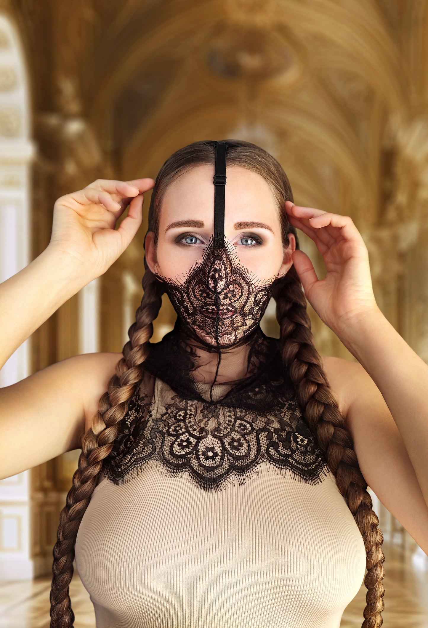 Woman lace hood mask for pole dance and twerk.Rave hood mask for party, festival cosplay.Gothic harness hood mask for women.Hood mask for carnival.