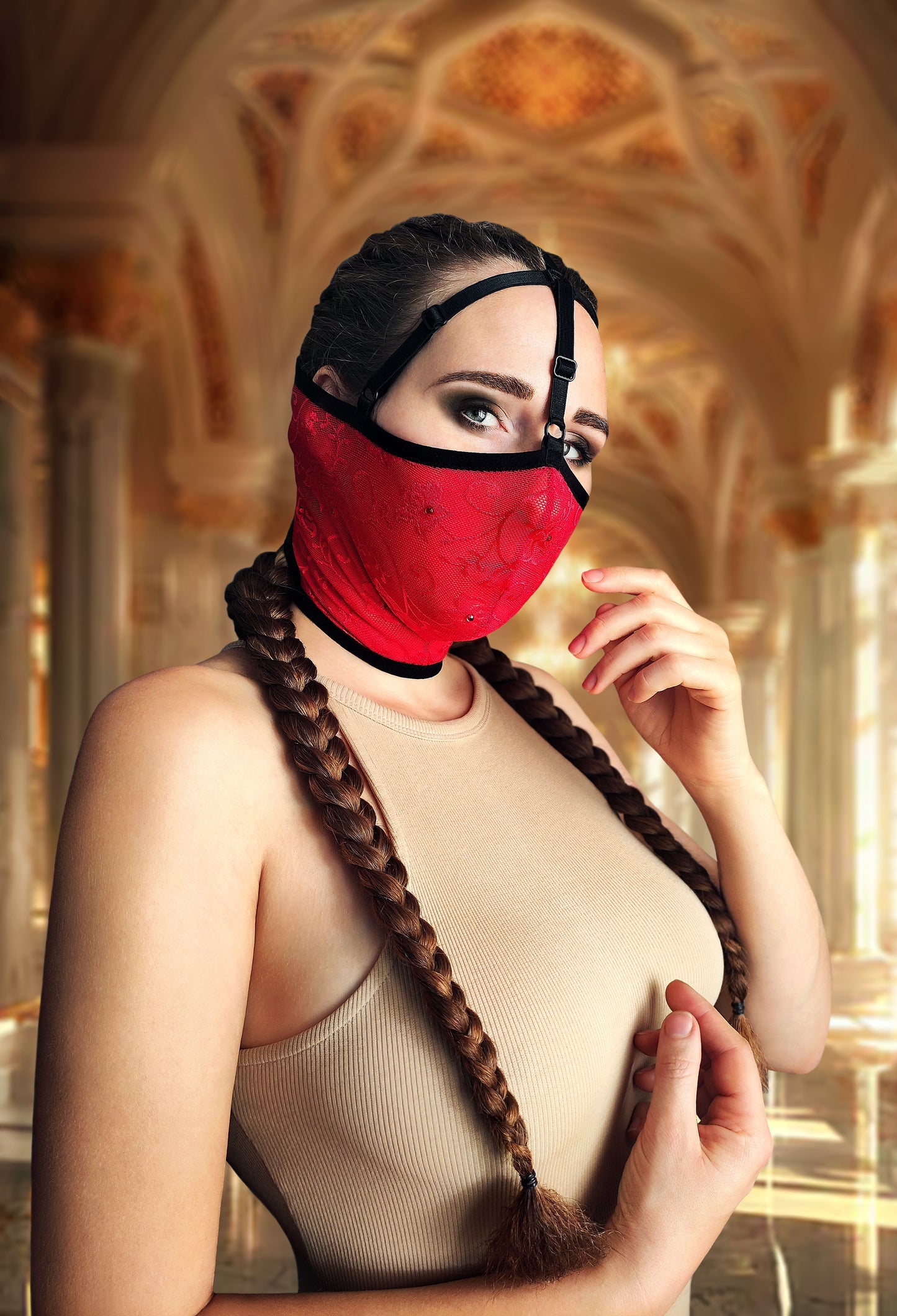 Woman lace mask for pole dance and twerk.Rave mask for party, festival and cosplay.Gothic harness mask for women.Guipure mask for carnival.