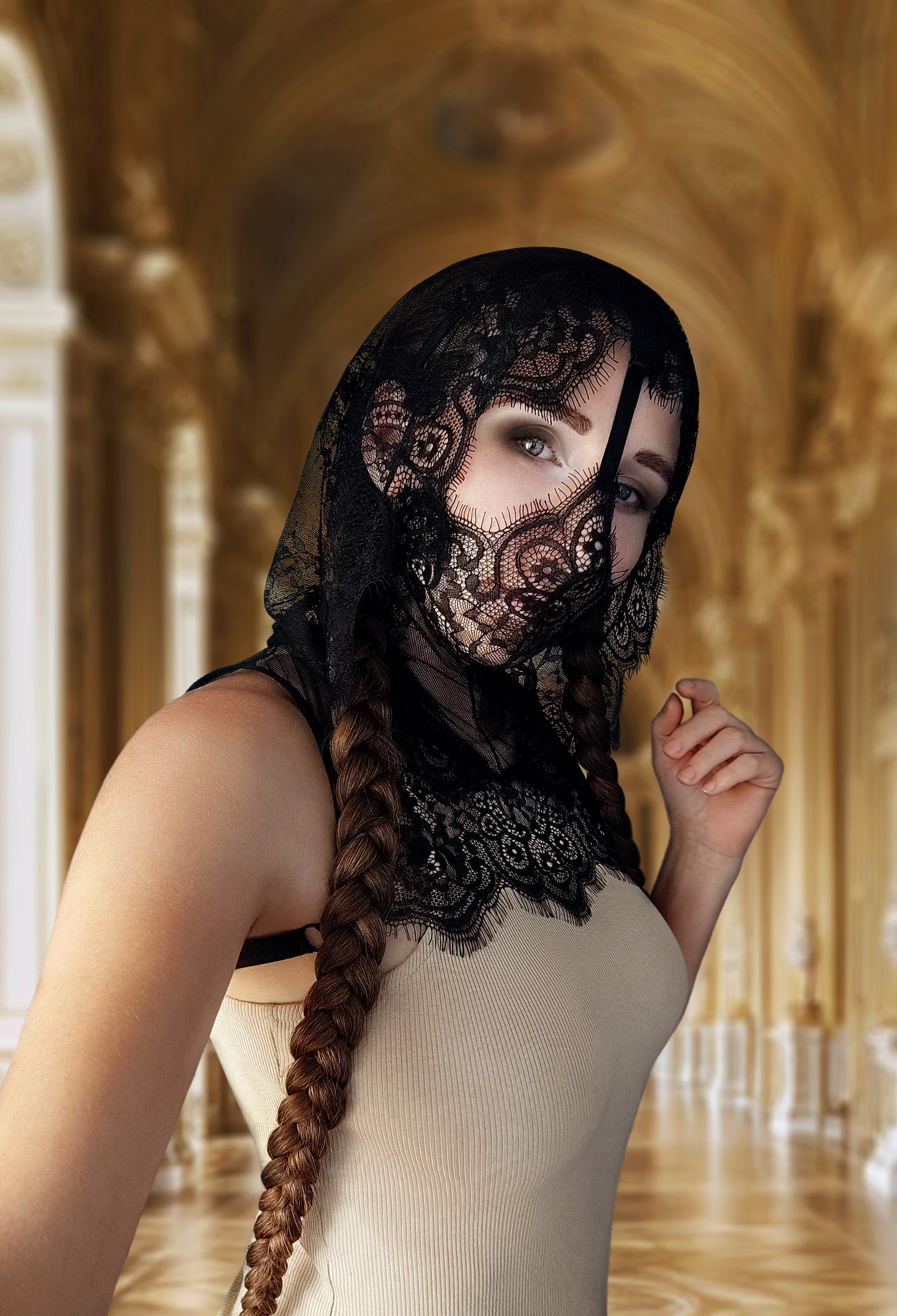 Woman lace hood mask for pole dance and twerk.Rave hood mask for party, festival cosplay.Gothic harness hood mask for women.Hood mask for carnival.