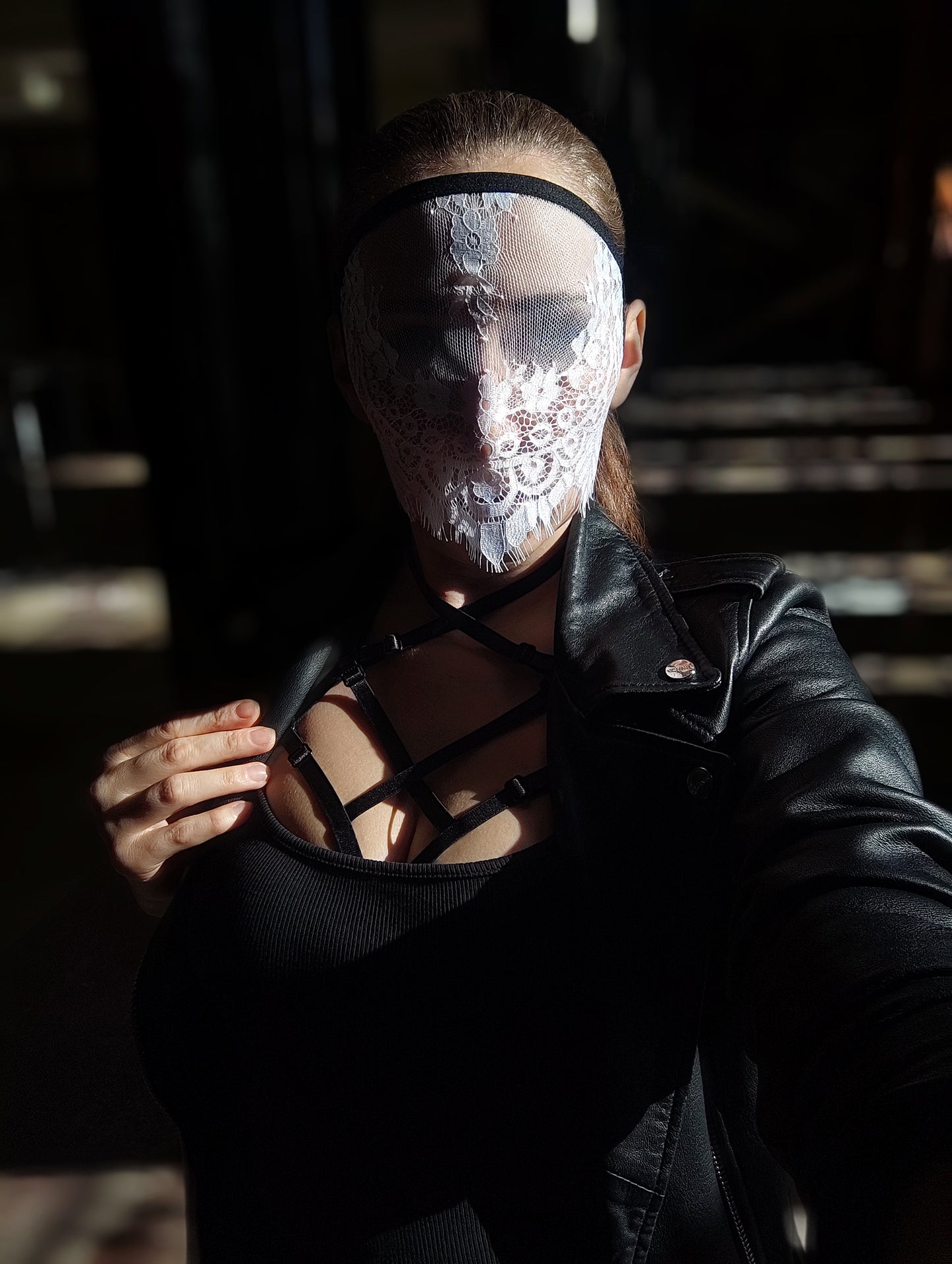 Woman lace mask for pole dance.Rave mask for party, festival and cosplay.Gothic harness mask for women.Guipure mask for carnival.