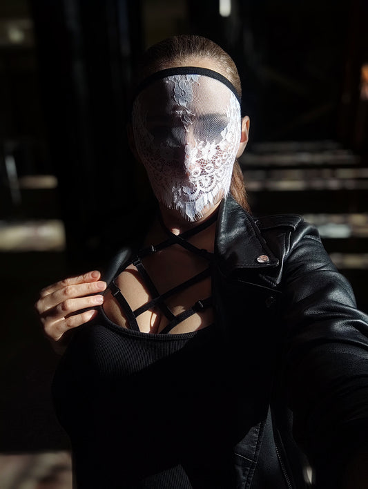Woman lace mask for pole dance.Rave mask for party, festival and cosplay.Gothic harness mask for women.Guipure mask for carnival.