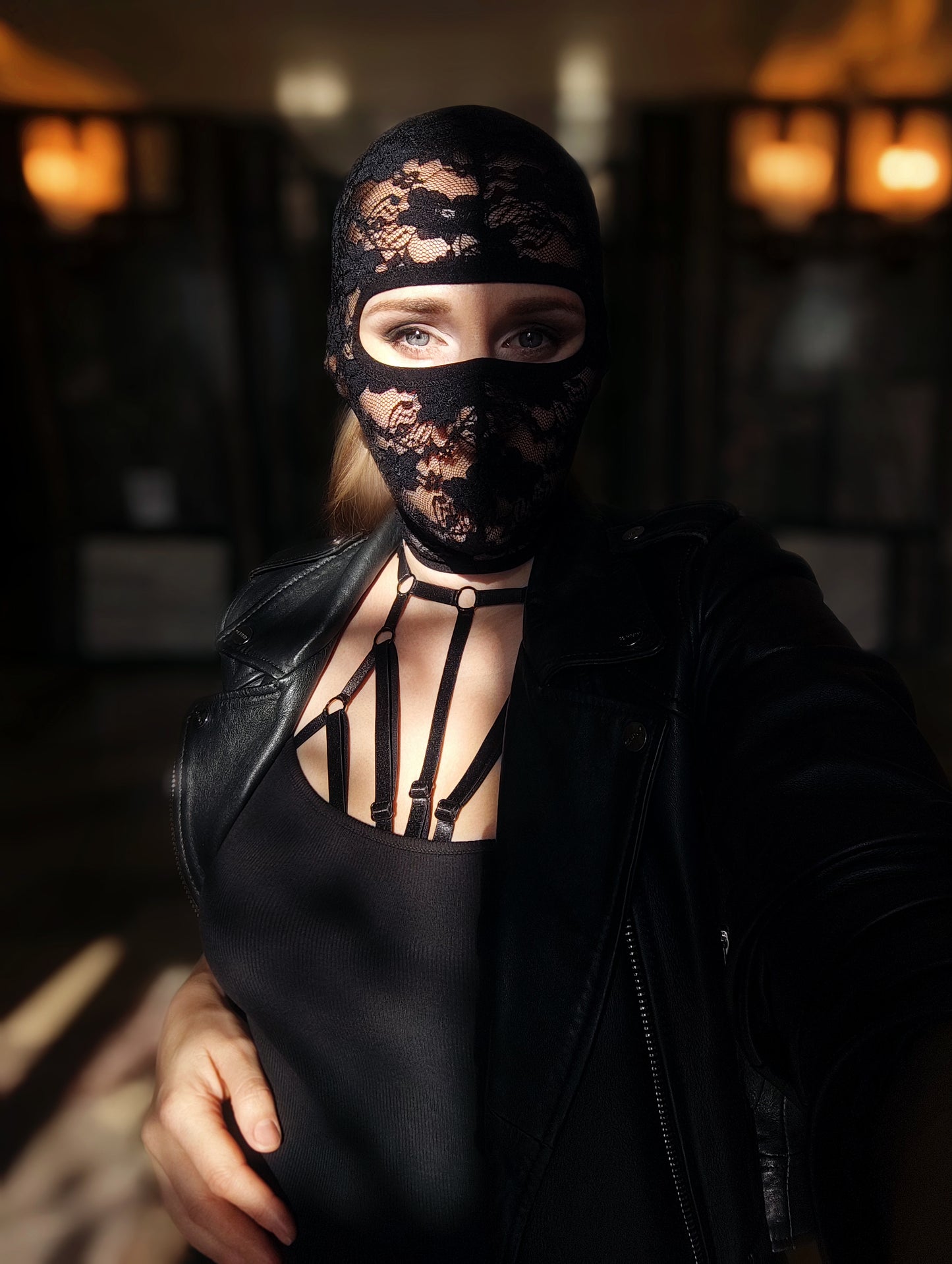 Woman lace mask for pole dance.Rave mask for party, festival and cosplay.Gothic harness mask for women.Guipure mask for carnival.Balaclava.