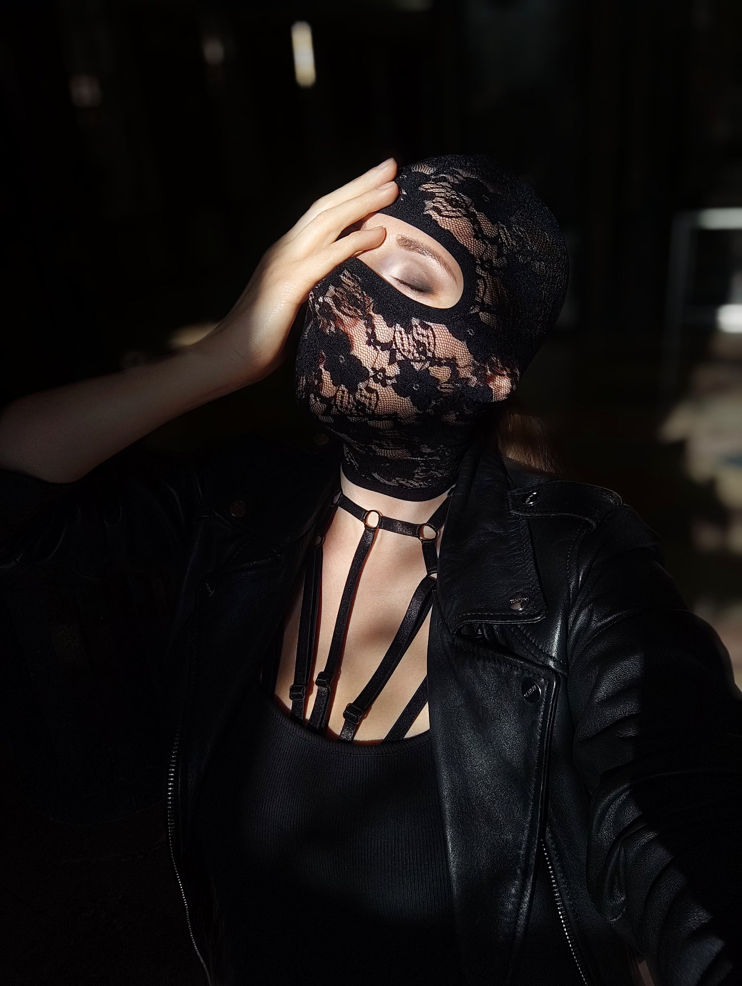 Woman lace mask for pole dance.Rave mask for party, festival and cosplay.Gothic harness mask for women.Guipure mask for carnival.Balaclava.