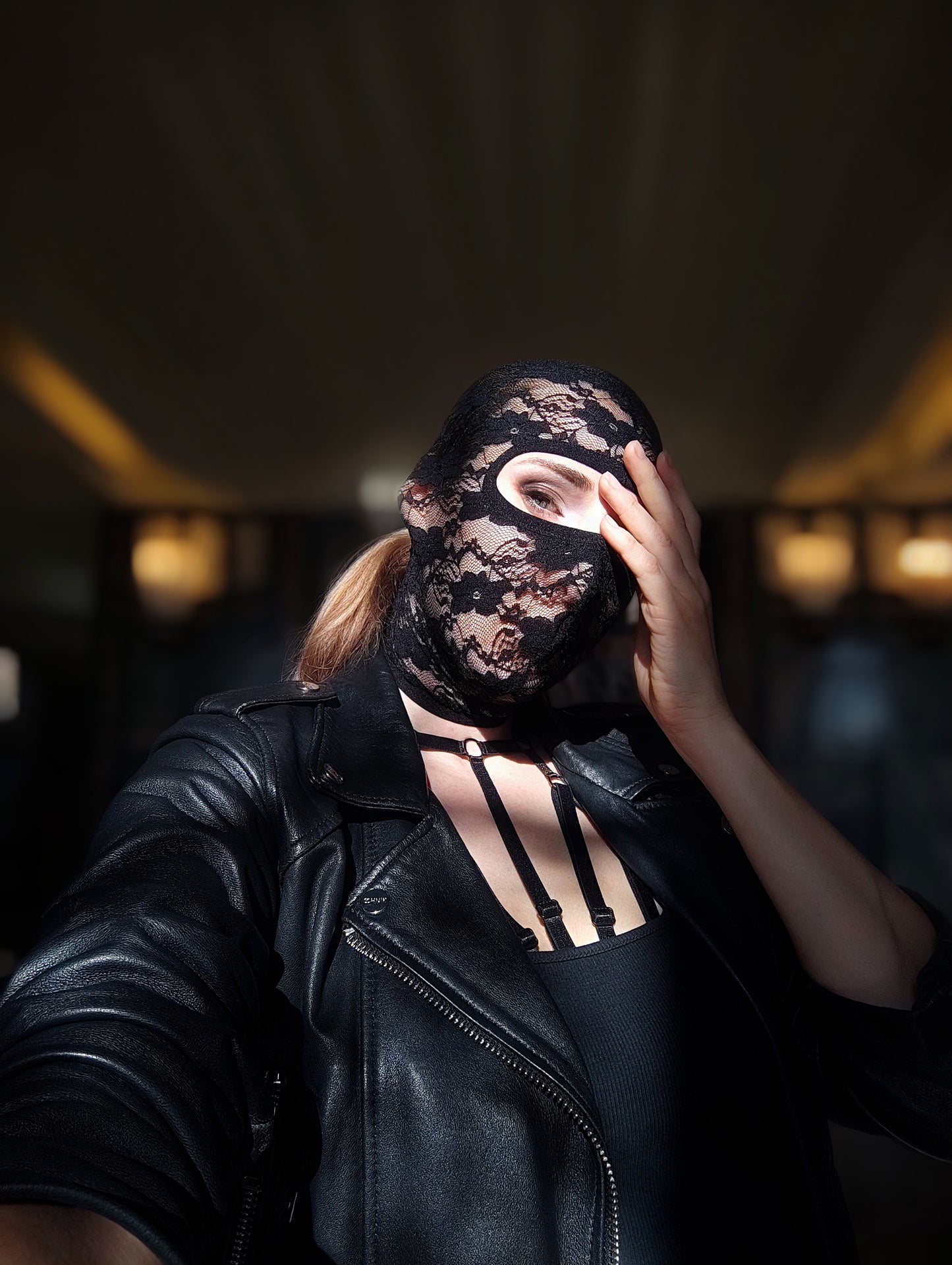Woman lace mask for pole dance.Rave mask for party, festival and cosplay.Gothic harness mask for women.Guipure mask for carnival.Balaclava.