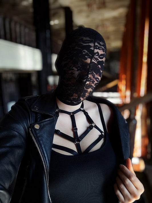 Woman lace mask for pole dance.Rave mask for party, festival and cosplay.Gothic harness mask for women.Guipure mask for carnival.Balaclava.