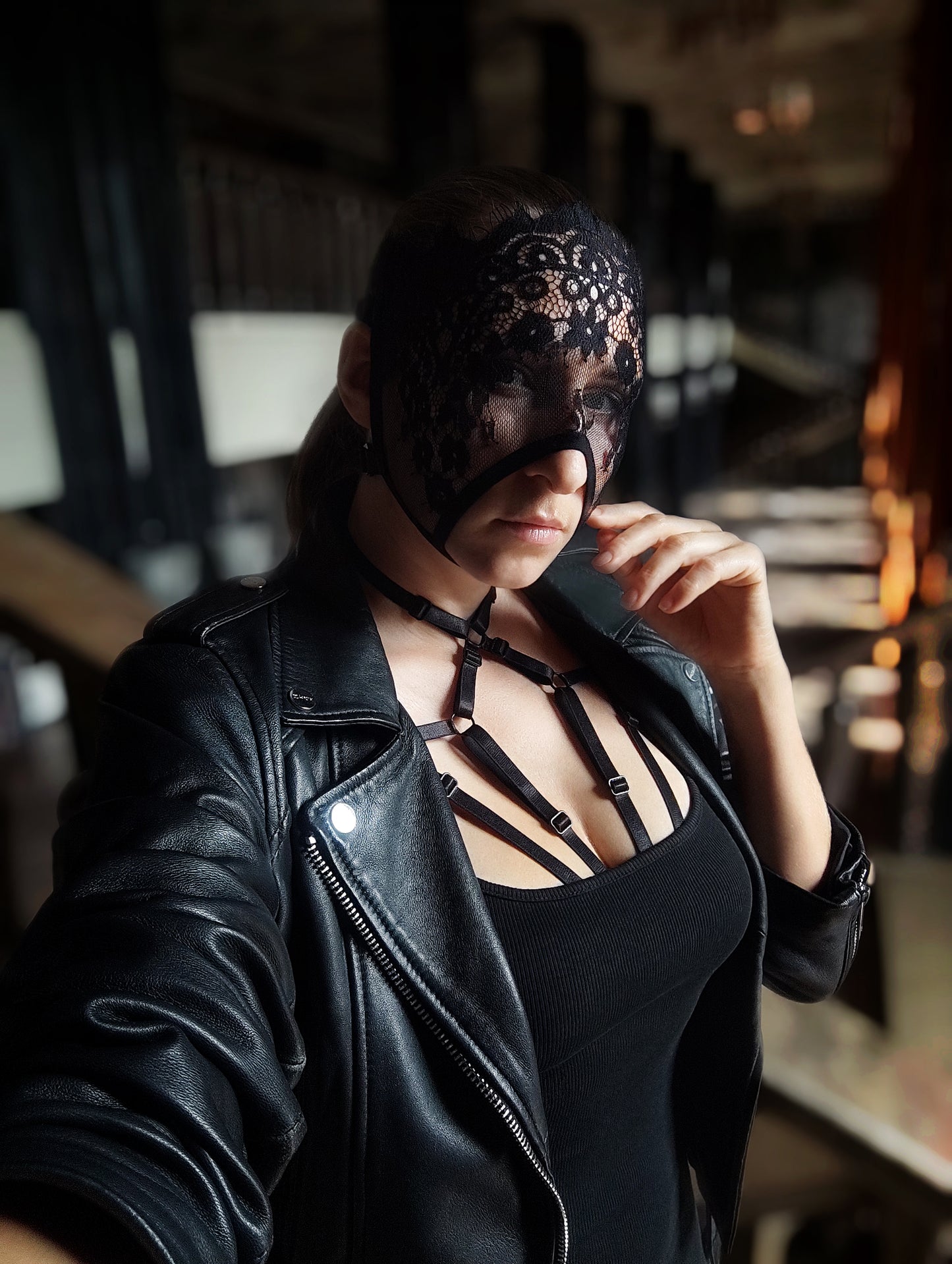 Woman lace mask for pole dance and twerk.Rave mask for party, festival and cosplay.Gothic harness mask for women.Guipure mask for carnival.